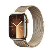 Gold smartwatch with mesh band on a white background
