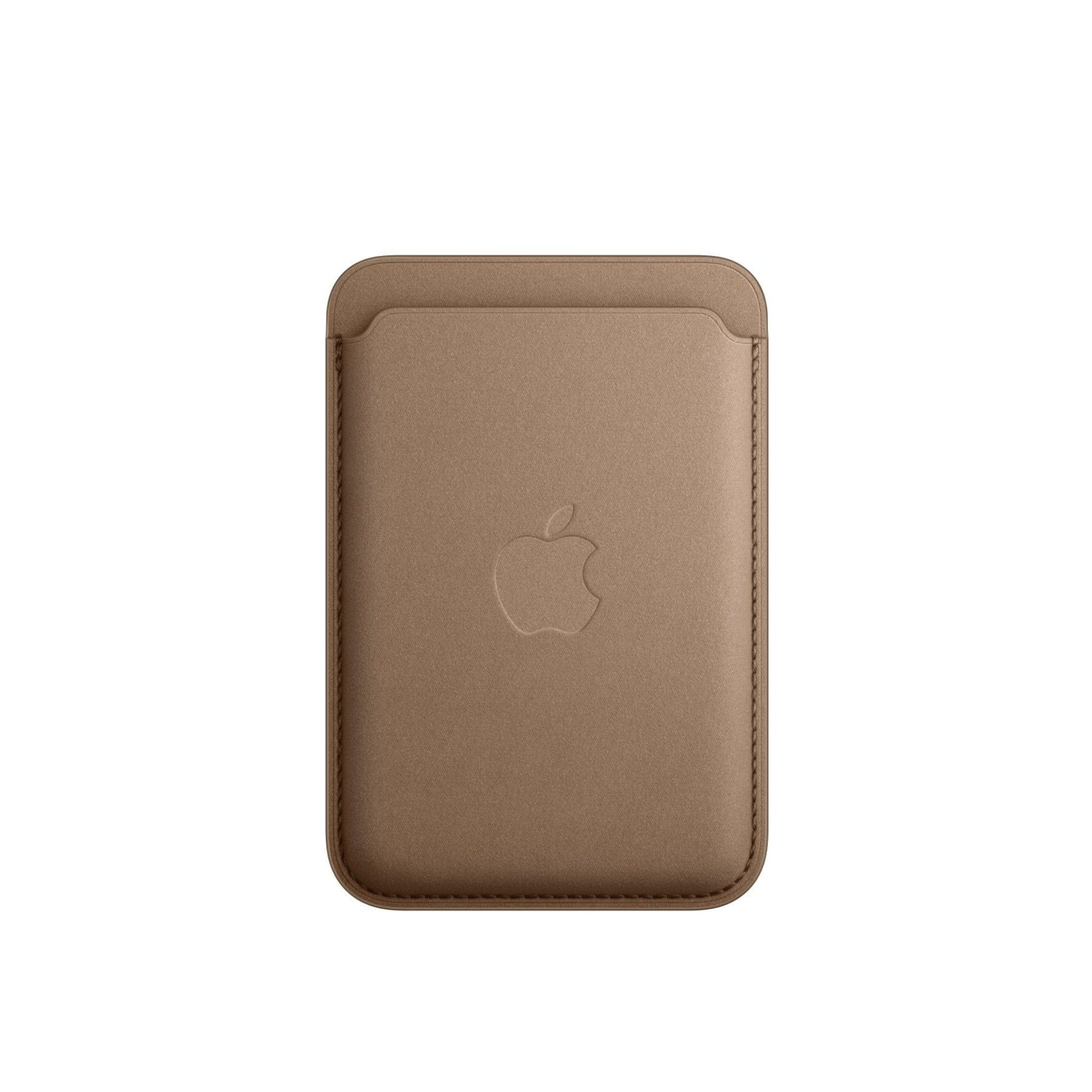 Brown leather phone case with Apple logo on a white background
