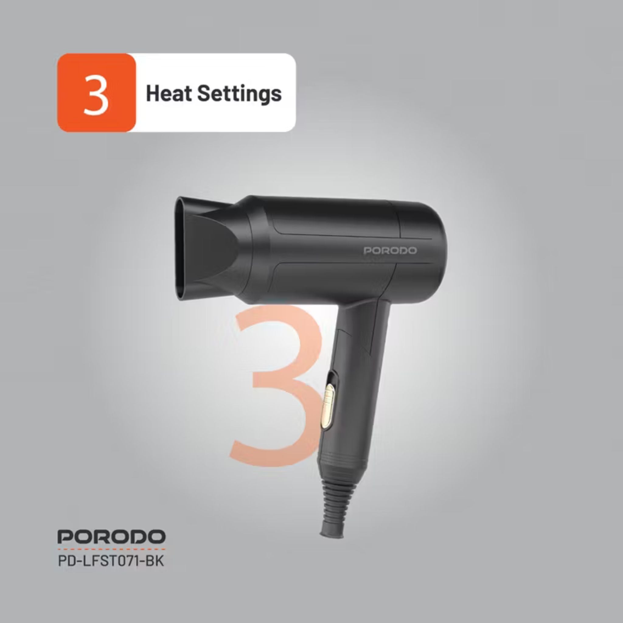 Porodo Lifestyle 1200W Foldable Hair Dryer with 1.8m Cable Length, Concentrator Nozzle, One-Slide Switch, Overheat Protection, Powerful Airflow, UK 3-Pin Plug, Portable - Black