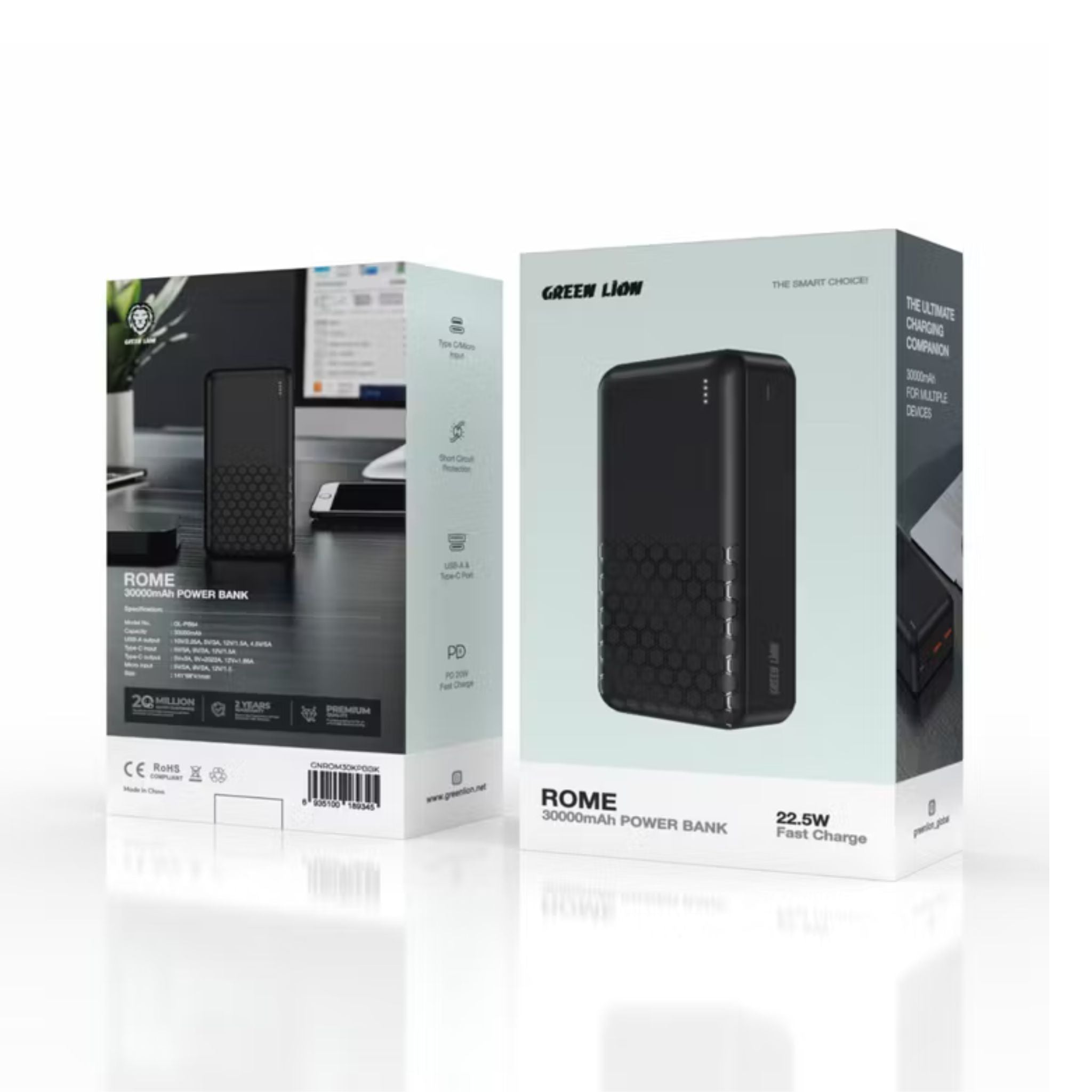 Green Lion Rome 30000mAh Power Bank, Short Circuit Protection, 20W Power Delivery, USB-A & Type-C Ports, Type-C & Micro Input - Black