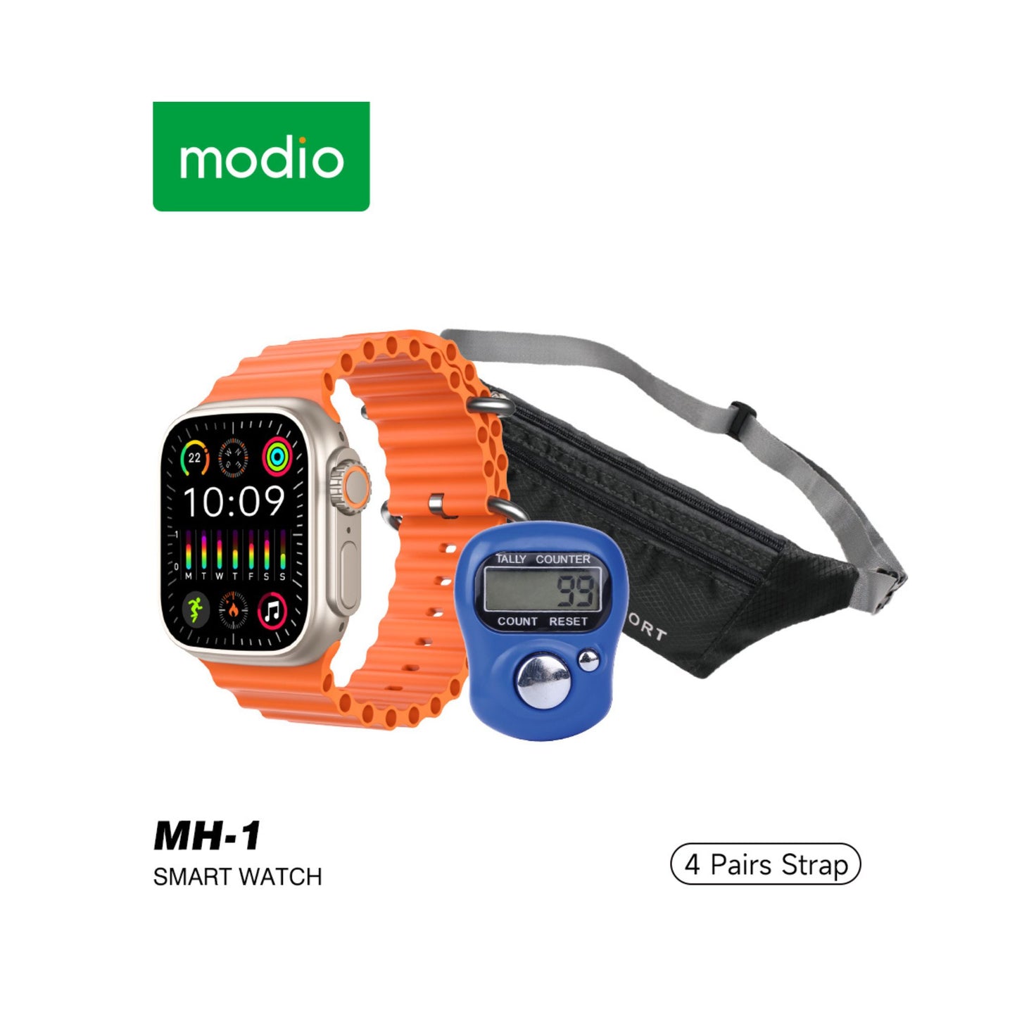 Premium Modio Wireless Charging Smartwatch MH-1 2.2 Inch/4 Pair Strap Included_Black