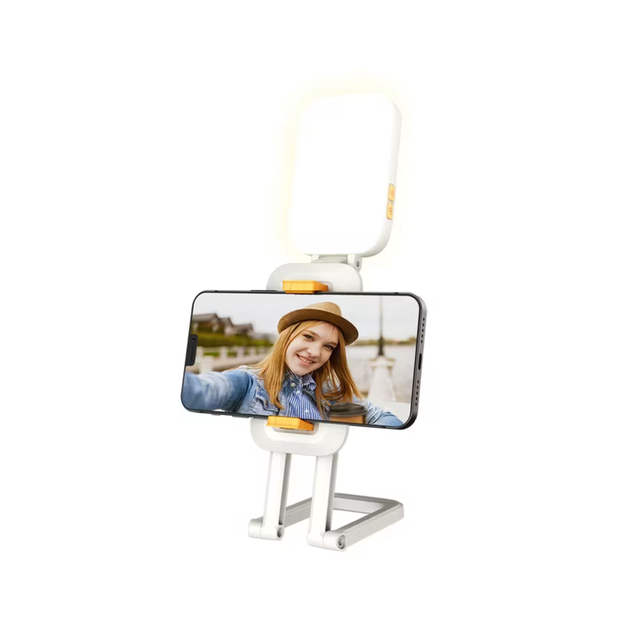 Porodo Lifestyle Phone Stand Fill Light, Lightweight & Compact Design, Up to 8 Hours Working Time, 3 Color Temperatures, Dynamic RGB Lights, Folding Design - White