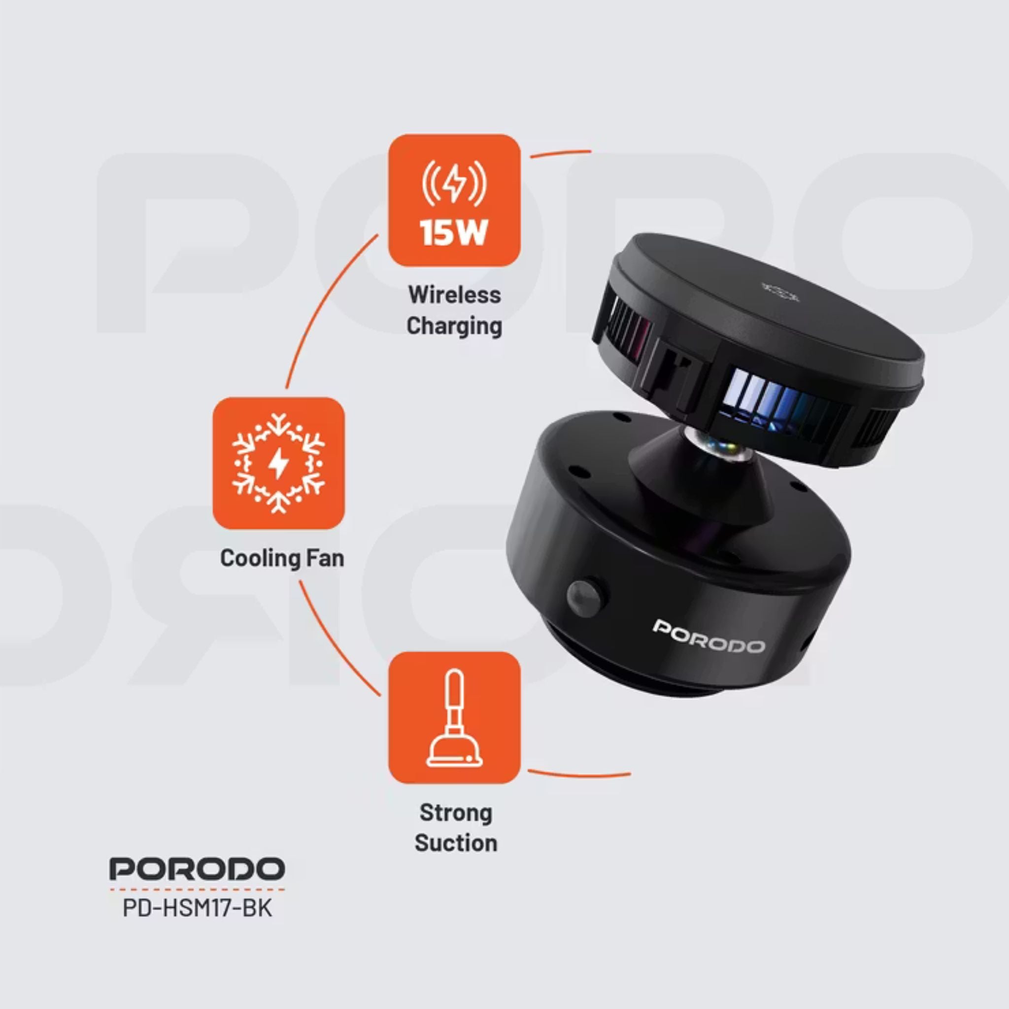 Porodo Lifestyle Vacuseal MagSafe Charging Mount with Cooling Semiconductor & RGB Light, Up to 25 Days Working Time, Adjustable Viewing Angle, 100mAh Battery Capacity, Up to 1.5kg Adsorption Capacity, Strong Suction, One-Hand Operation - Black