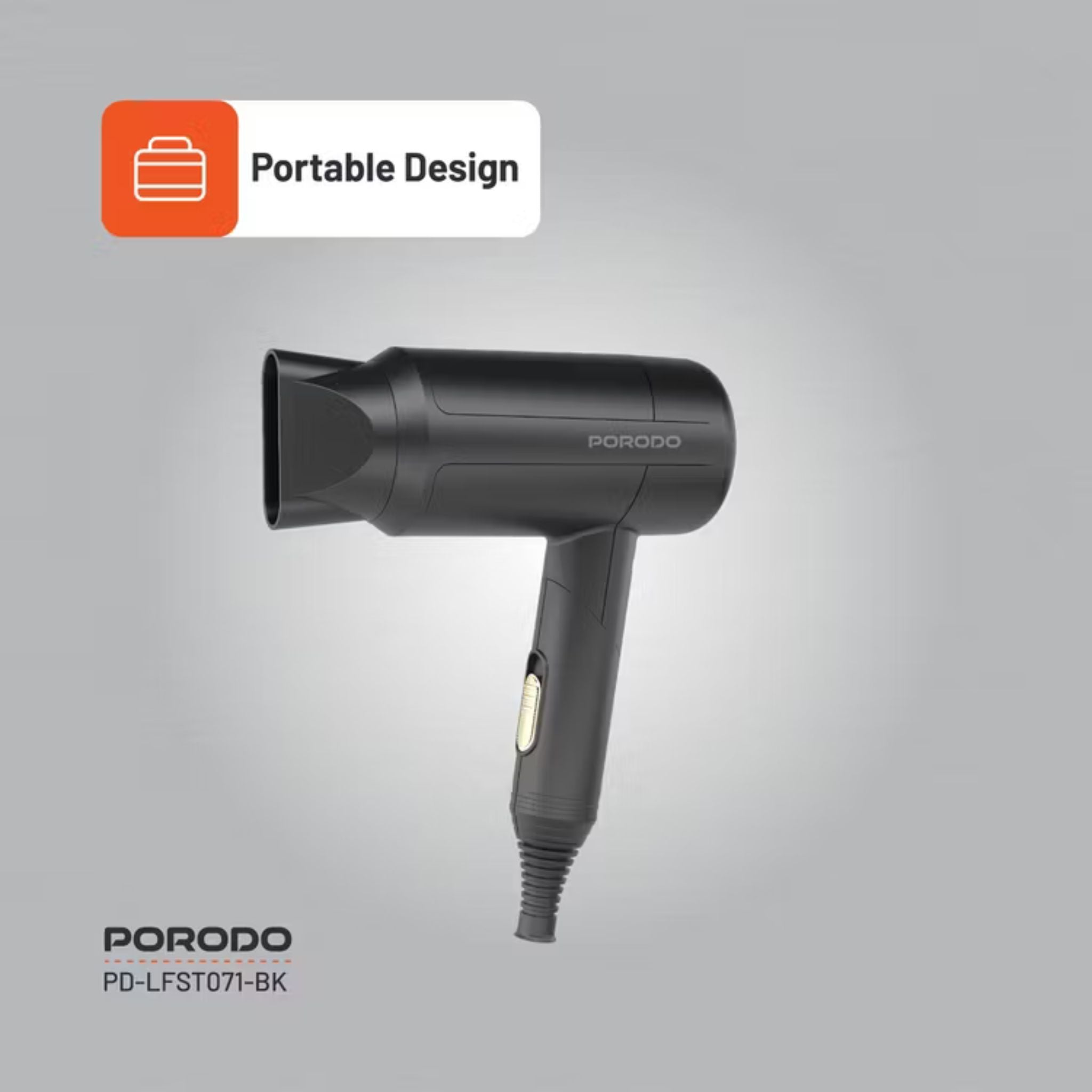 Porodo Lifestyle 1200W Foldable Hair Dryer with 1.8m Cable Length, Concentrator Nozzle, One-Slide Switch, Overheat Protection, Powerful Airflow, UK 3-Pin Plug, Portable - Black