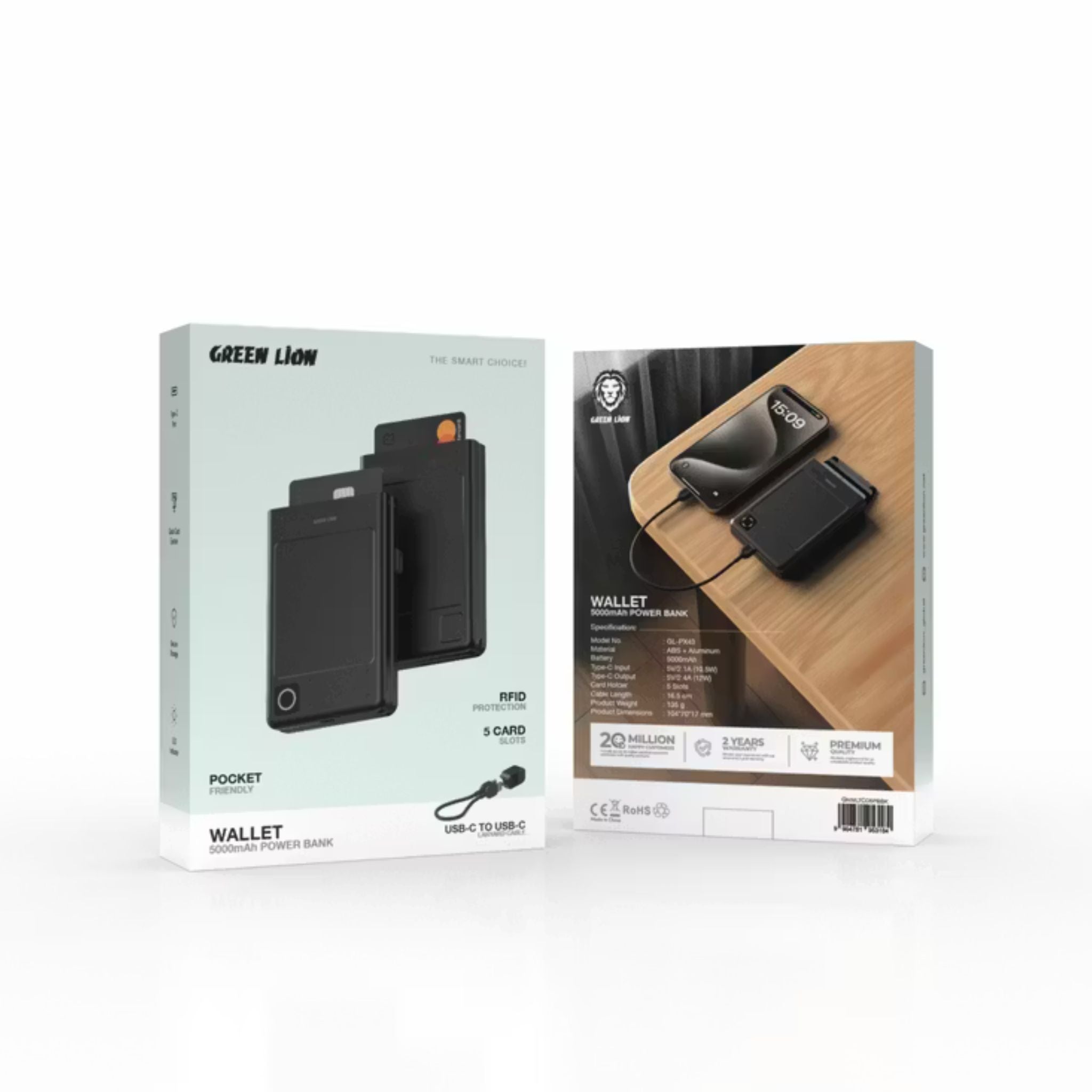 Green Lion Wallet 5000mAh Power Bank with 16.5cm USB-C to USB-C Lanyard Cable, RFID Protection, 12W Type-C Output, 5 Card Holder Slots, Quick Card Ejection, LED Indicator - Black
