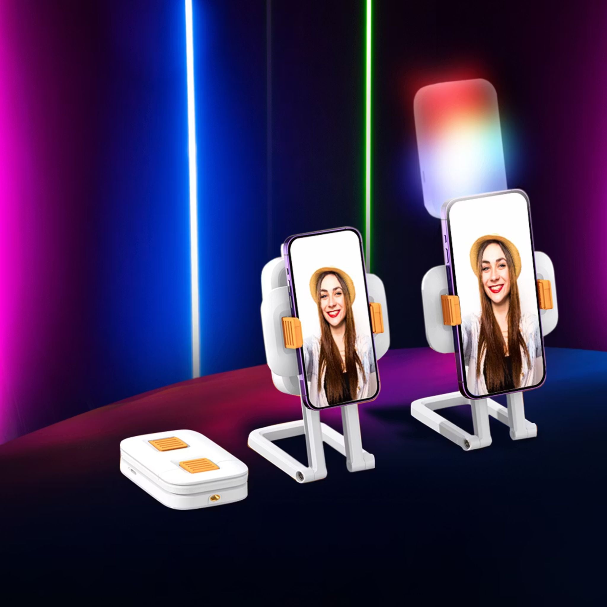 Porodo Lifestyle Phone Stand Fill Light, Lightweight & Compact Design, Up to 8 Hours Working Time, 3 Color Temperatures, Dynamic RGB Lights, Folding Design - White