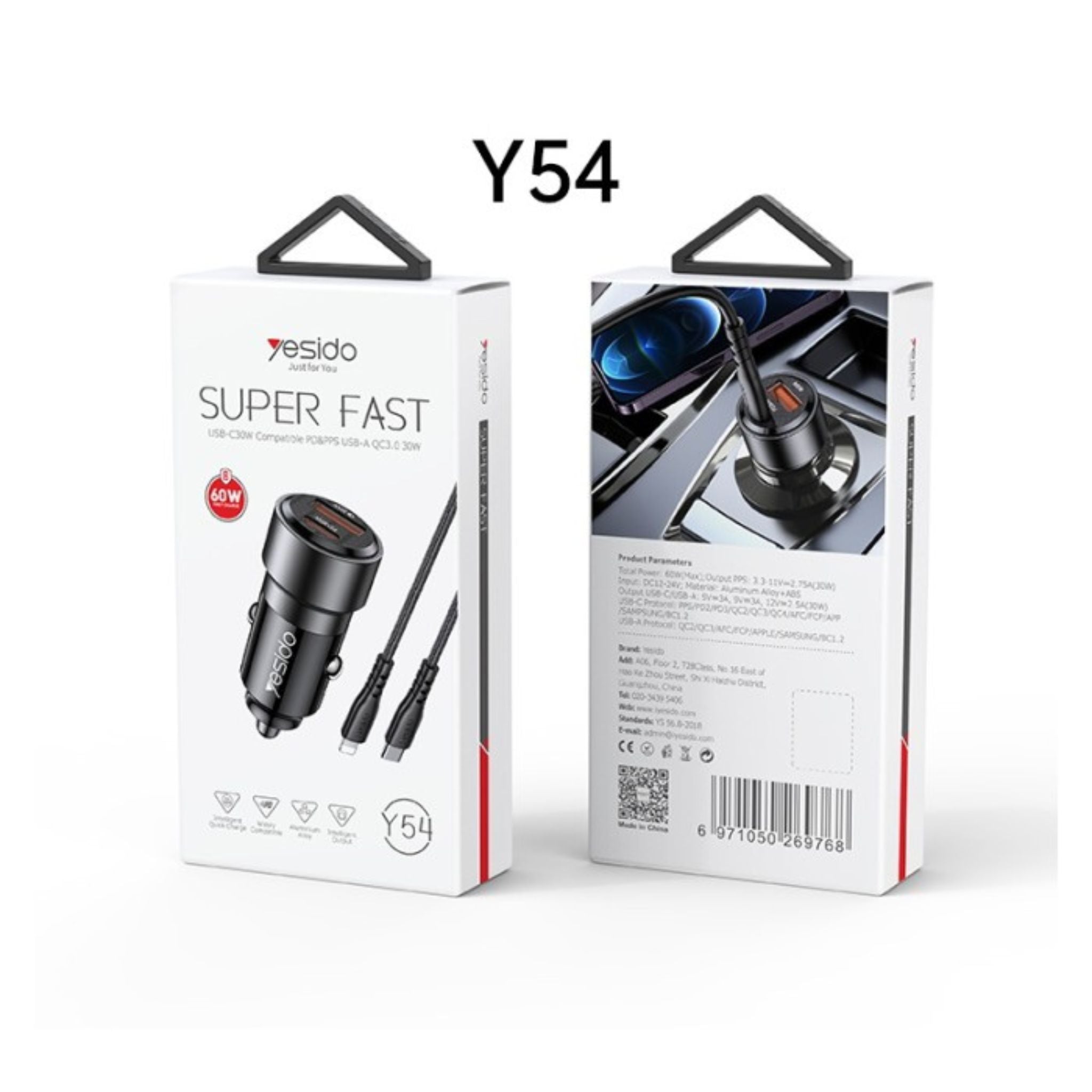 Yesido Y54 60W Fast Charging Car Charger | With TC to IP cable car cigarette lighting port charger adapter