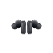 Black wireless earbuds on a white background
