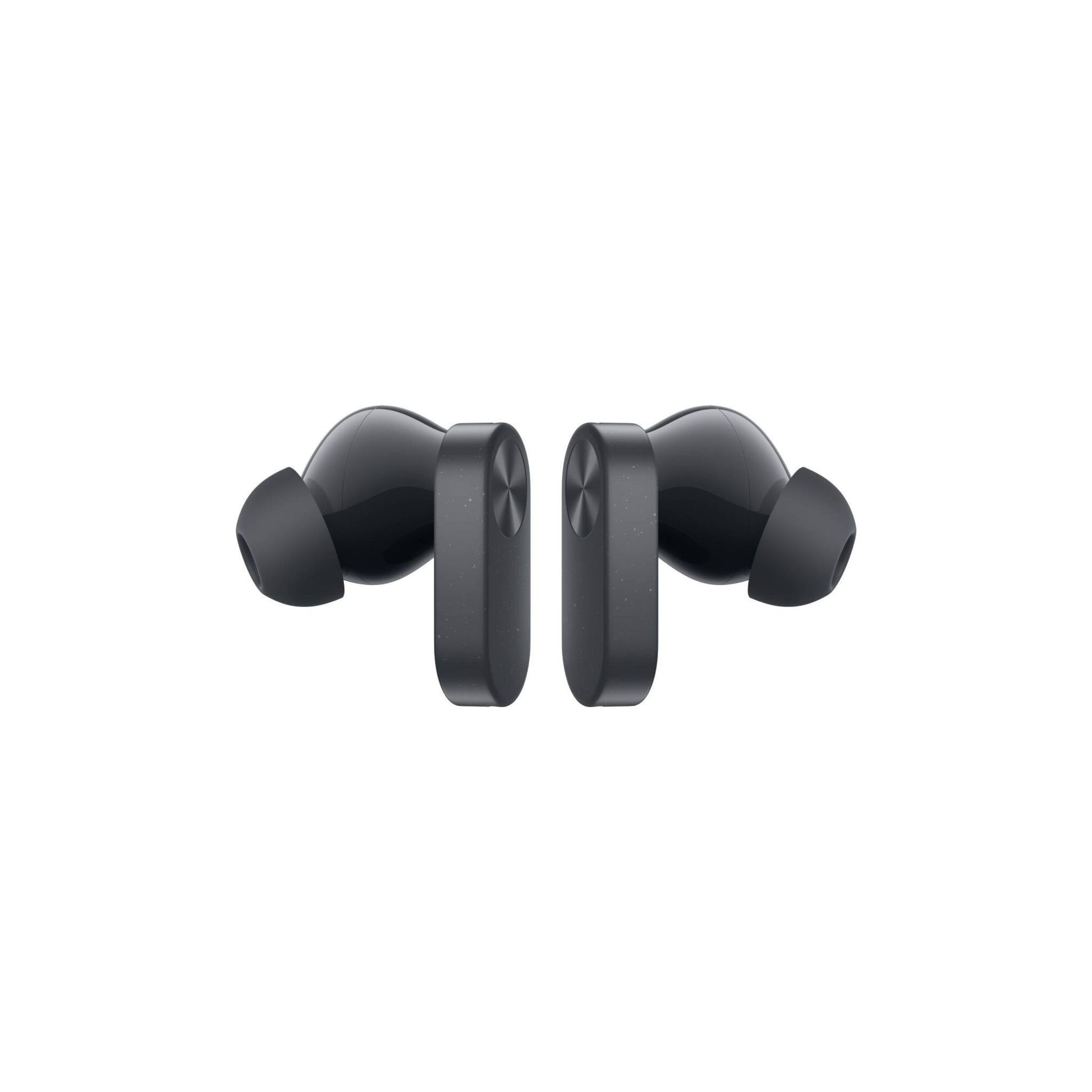 Black wireless earbuds on a white background