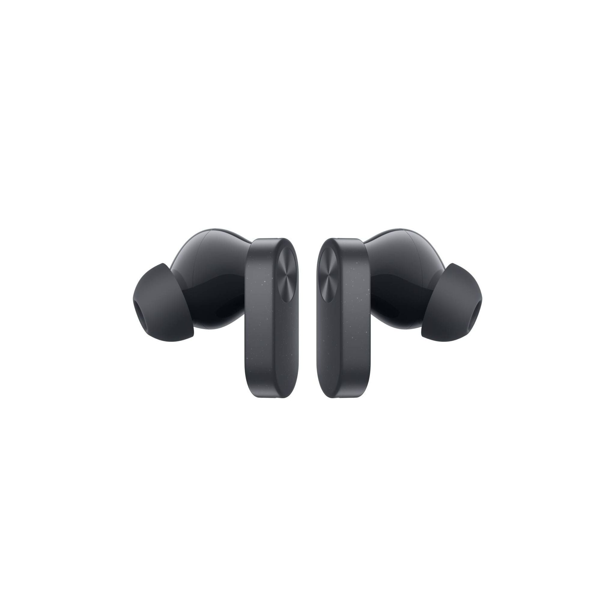 Black wireless earbuds on a white background