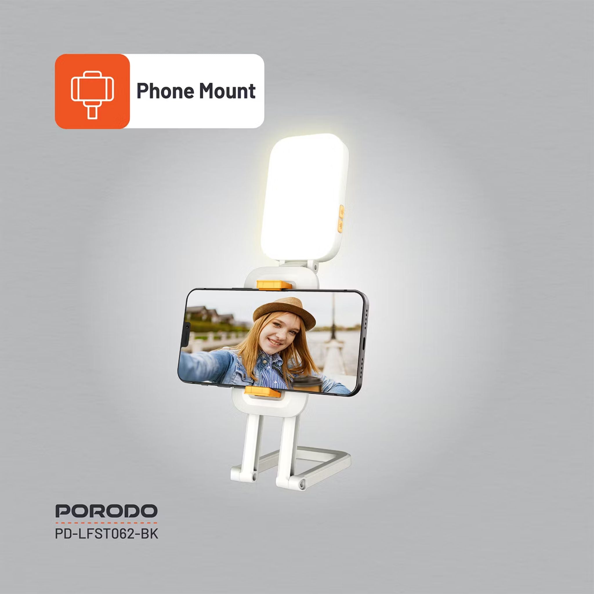 Porodo Lifestyle Phone Stand Fill Light, Lightweight & Compact Design, Up to 8 Hours Working Time, 3 Color Temperatures, Dynamic RGB Lights, Folding Design - White