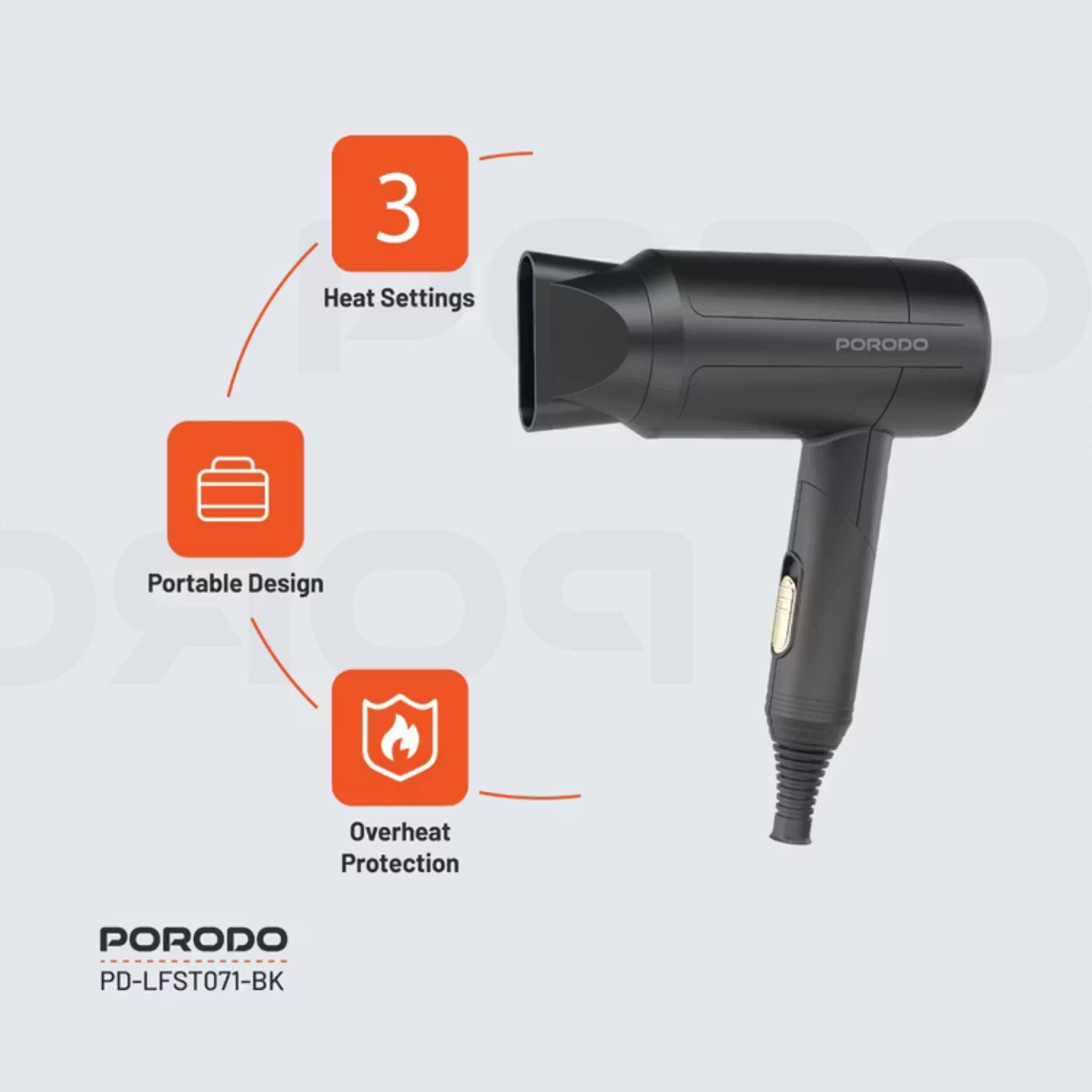 Porodo Lifestyle 1200W Foldable Hair Dryer with 1.8m Cable Length, Concentrator Nozzle, One-Slide Switch, Overheat Protection, Powerful Airflow, UK 3-Pin Plug, Portable - Black