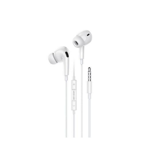 Green Lion GL-Stereo Earphone Pro Wire Control with Microphone, 3.5mm Audio Jack, Cable Control Buttons, 1.2m Cable Length, 10mm Speaker - White