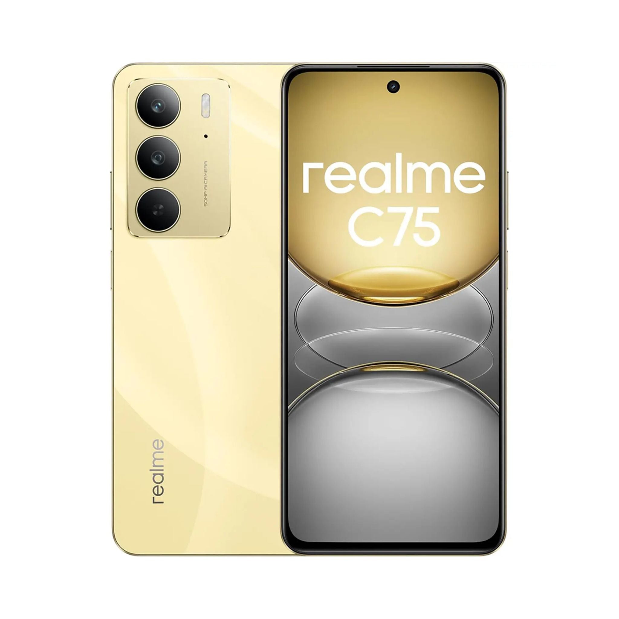Gold realme C75 smartphone showing front and back on a white background