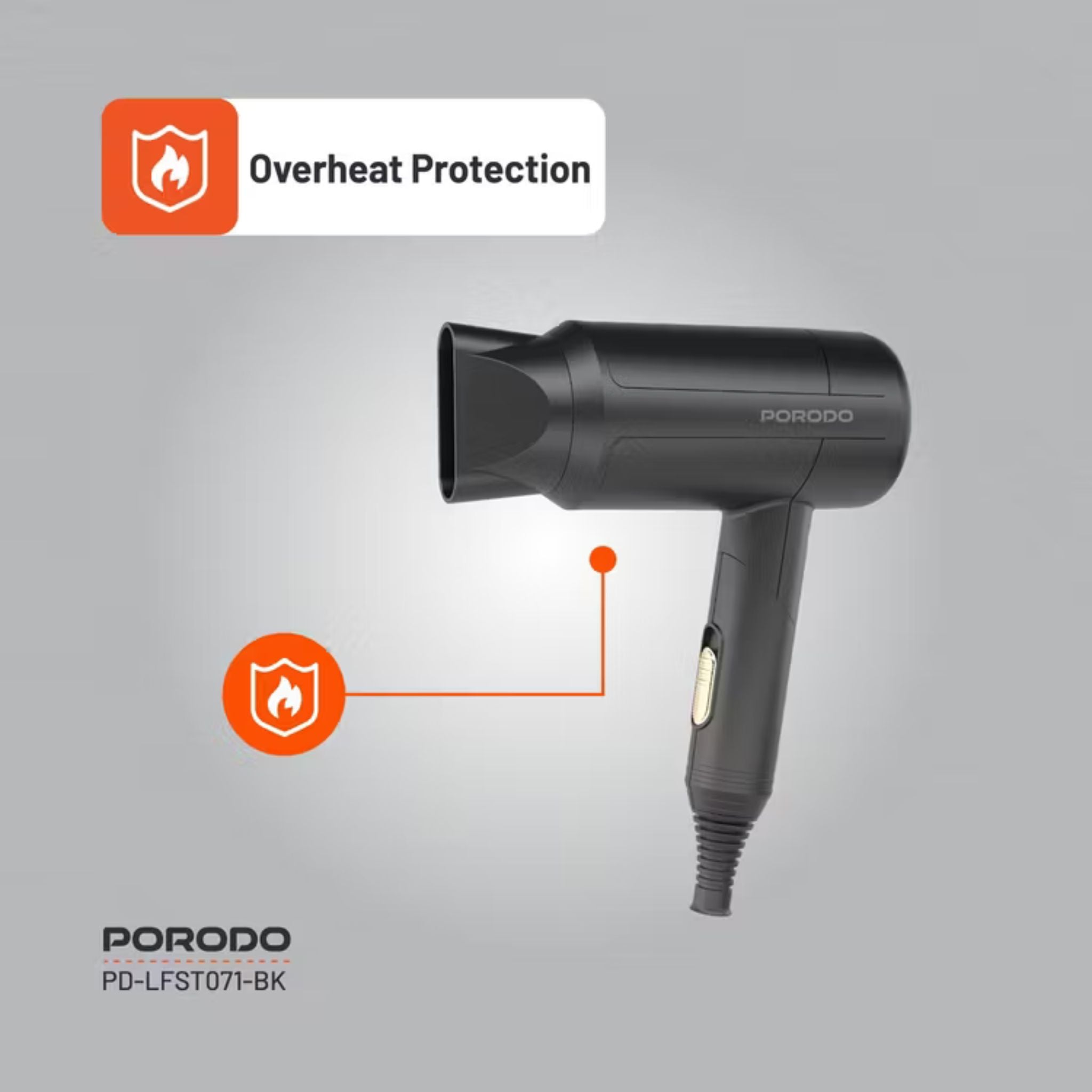 Porodo Lifestyle 1200W Foldable Hair Dryer with 1.8m Cable Length, Concentrator Nozzle, One-Slide Switch, Overheat Protection, Powerful Airflow, UK 3-Pin Plug, Portable - Black