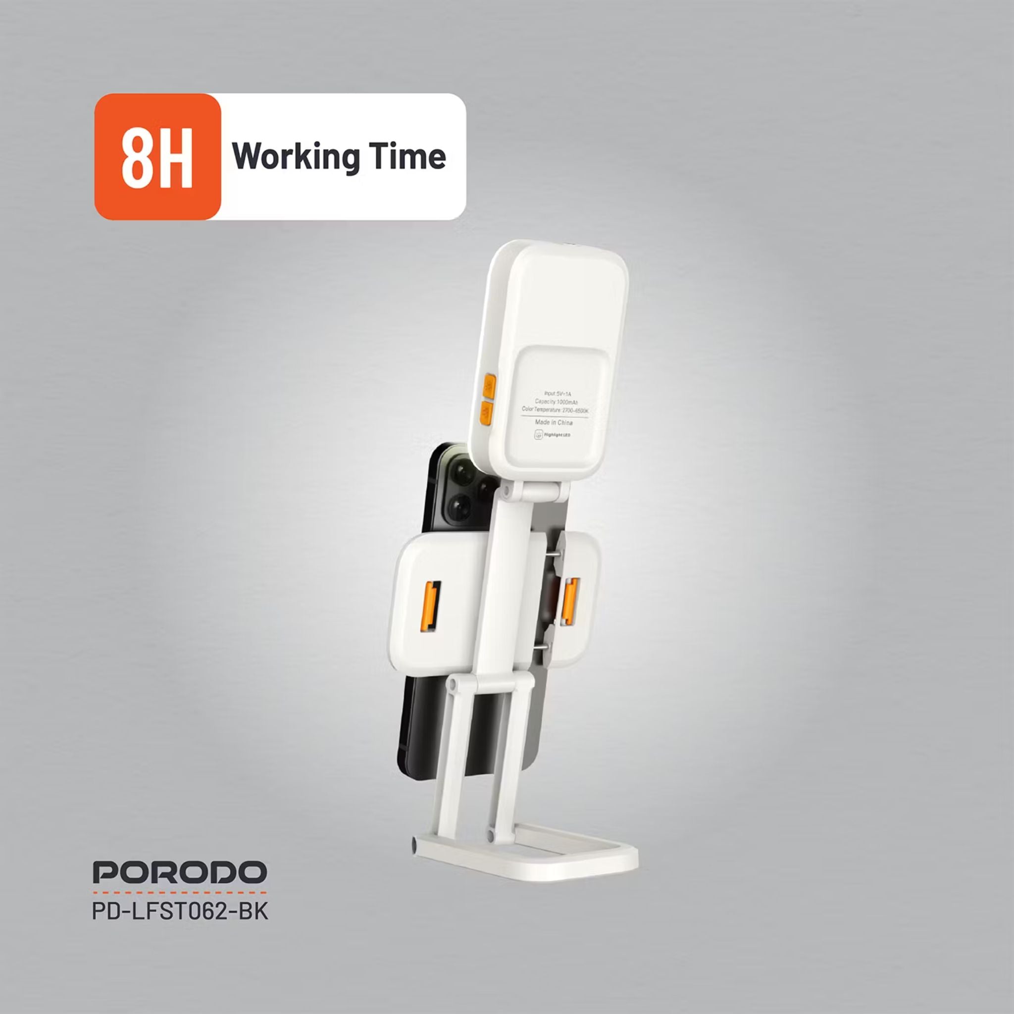 Porodo Lifestyle Phone Stand Fill Light, Lightweight & Compact Design, Up to 8 Hours Working Time, 3 Color Temperatures, Dynamic RGB Lights, Folding Design - White