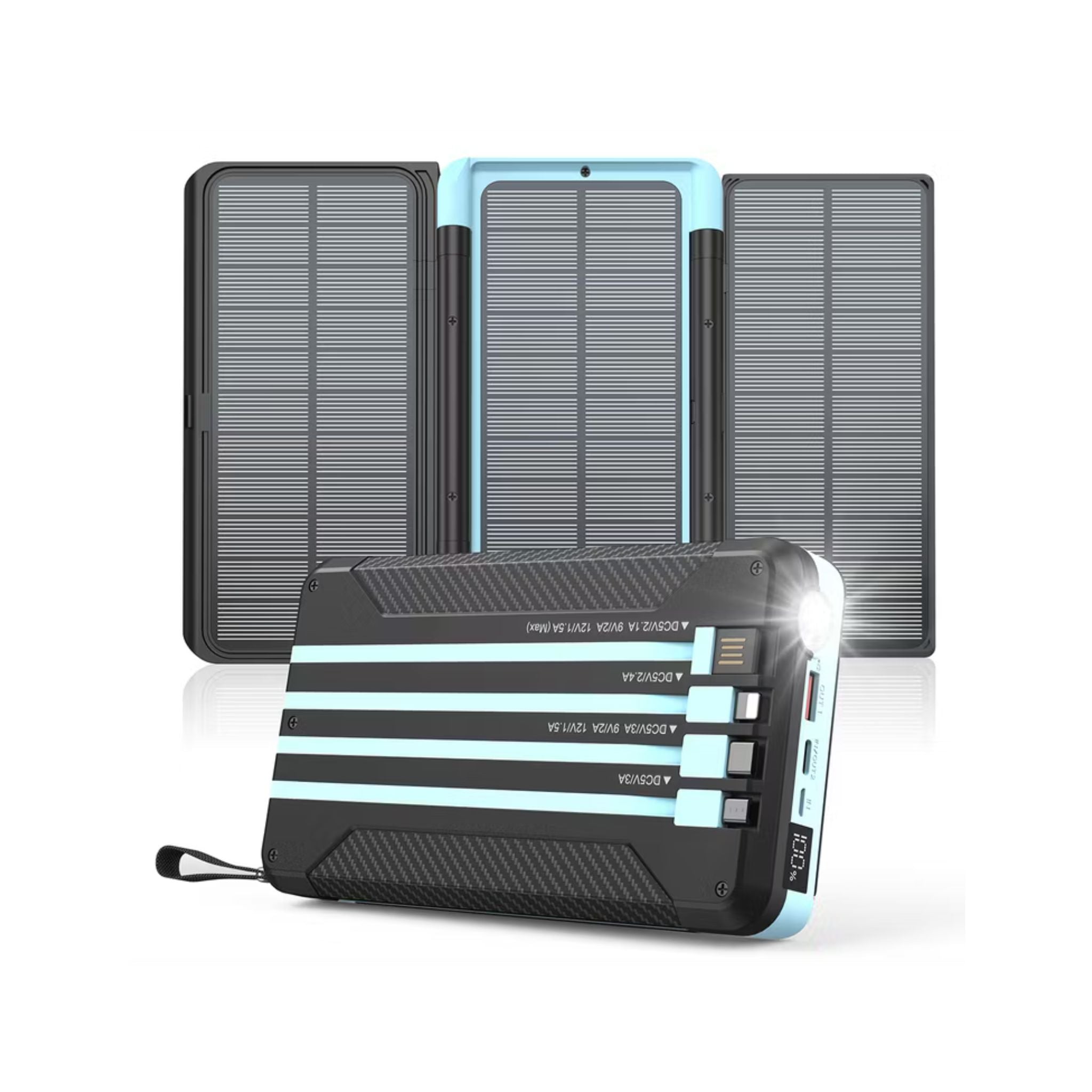 Powerology 16000 mAh Solar Multi-Cable Power Bank,PD 20W, Integrated Cables, Lithium Polymer Type, LED Display, Flashlight, - Black