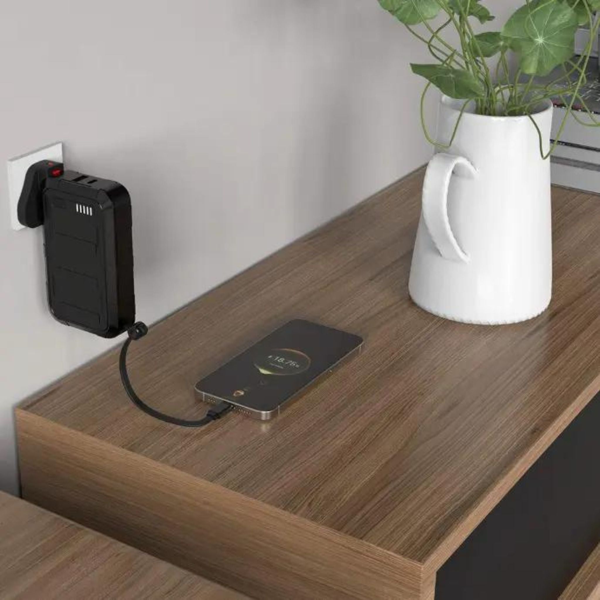 Porodo 10000mAh PPS Wall Charger Power Bank with Integrated Type-C & Lightning Cable, PD 20W, 22.5W USB-A Output, 10W Lightning, Simultaneous Charging - Black