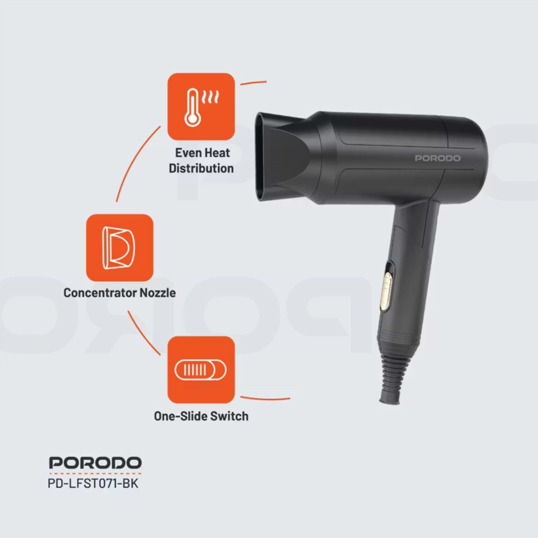Porodo Lifestyle 1200W Foldable Hair Dryer with 1.8m Cable Length, Concentrator Nozzle, One-Slide Switch, Overheat Protection, Powerful Airflow, UK 3-Pin Plug, Portable - Black