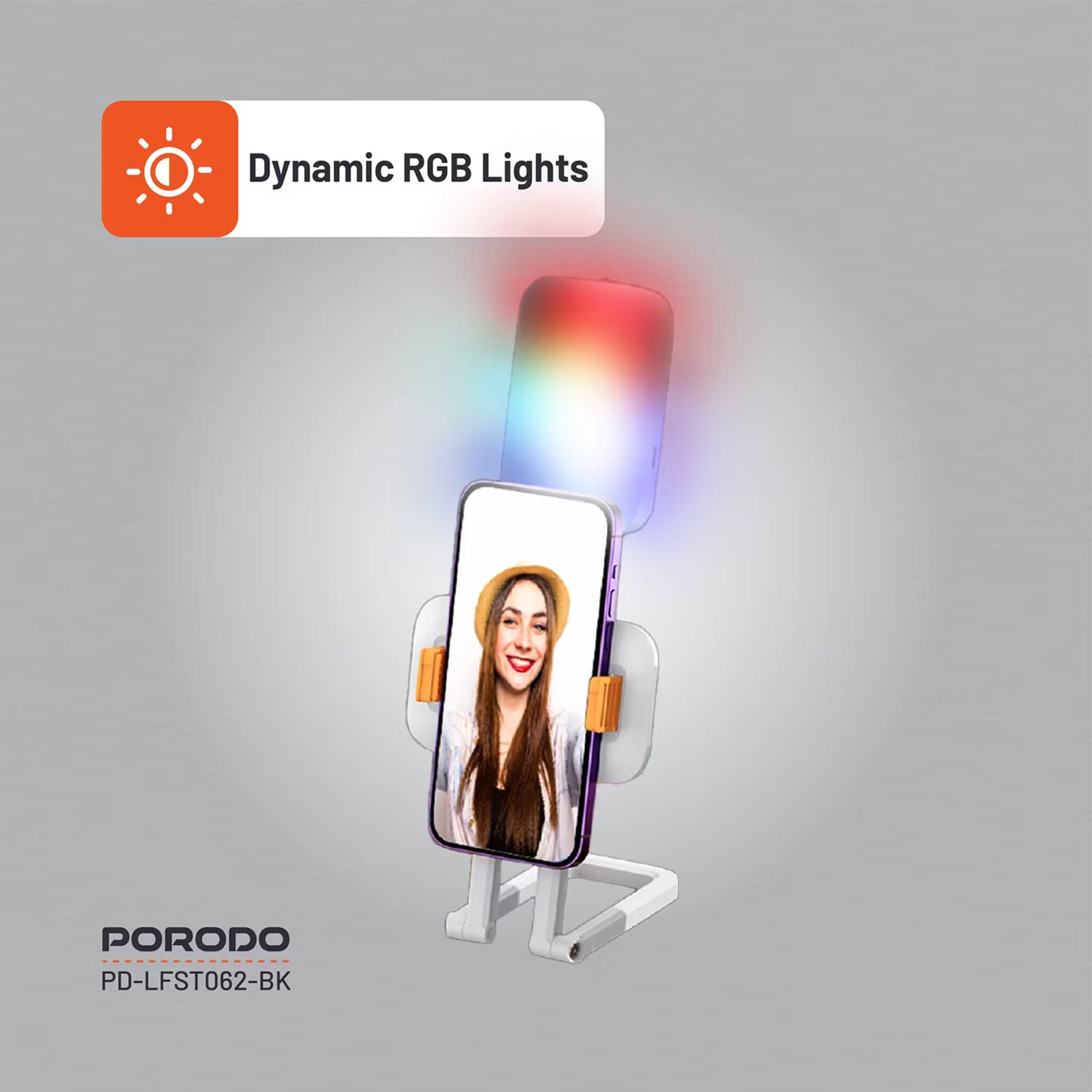 Porodo Lifestyle Phone Stand Fill Light, Lightweight & Compact Design, Up to 8 Hours Working Time, 3 Color Temperatures, Dynamic RGB Lights, Folding Design - White