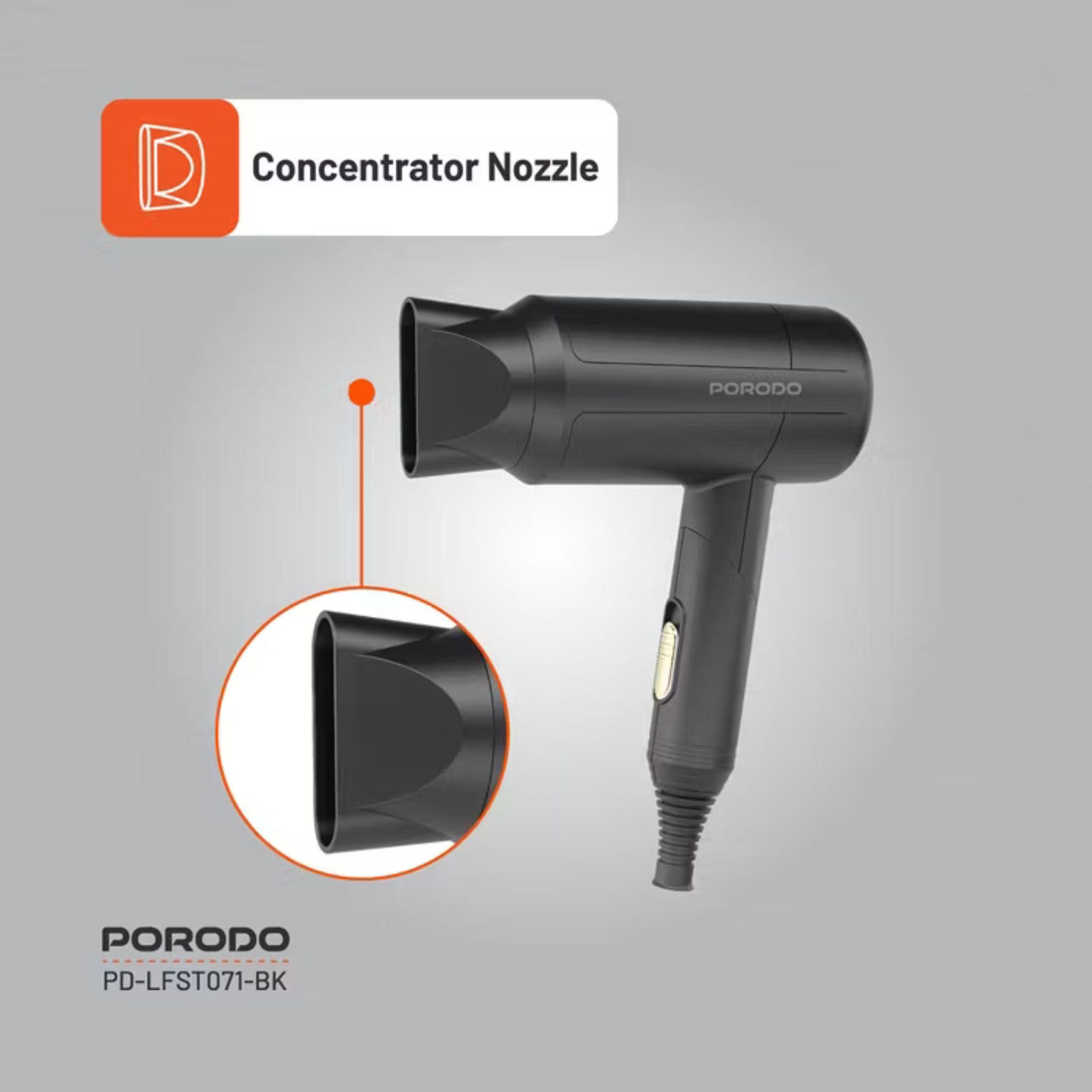 Porodo Lifestyle 1200W Foldable Hair Dryer with 1.8m Cable Length, Concentrator Nozzle, One-Slide Switch, Overheat Protection, Powerful Airflow, UK 3-Pin Plug, Portable - Black