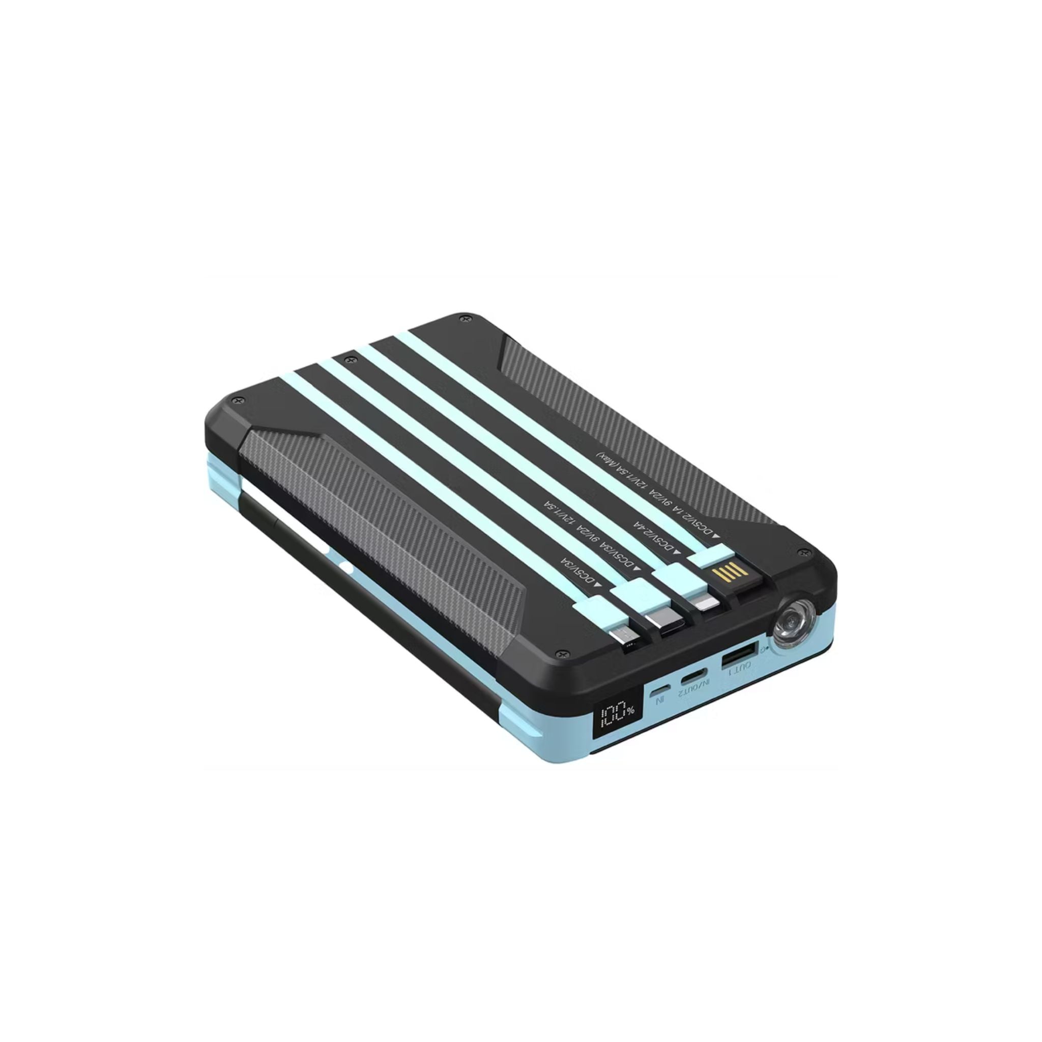 Powerology 16000 mAh Solar Multi-Cable Power Bank,PD 20W, Integrated Cables, Lithium Polymer Type, LED Display, Flashlight, - Black