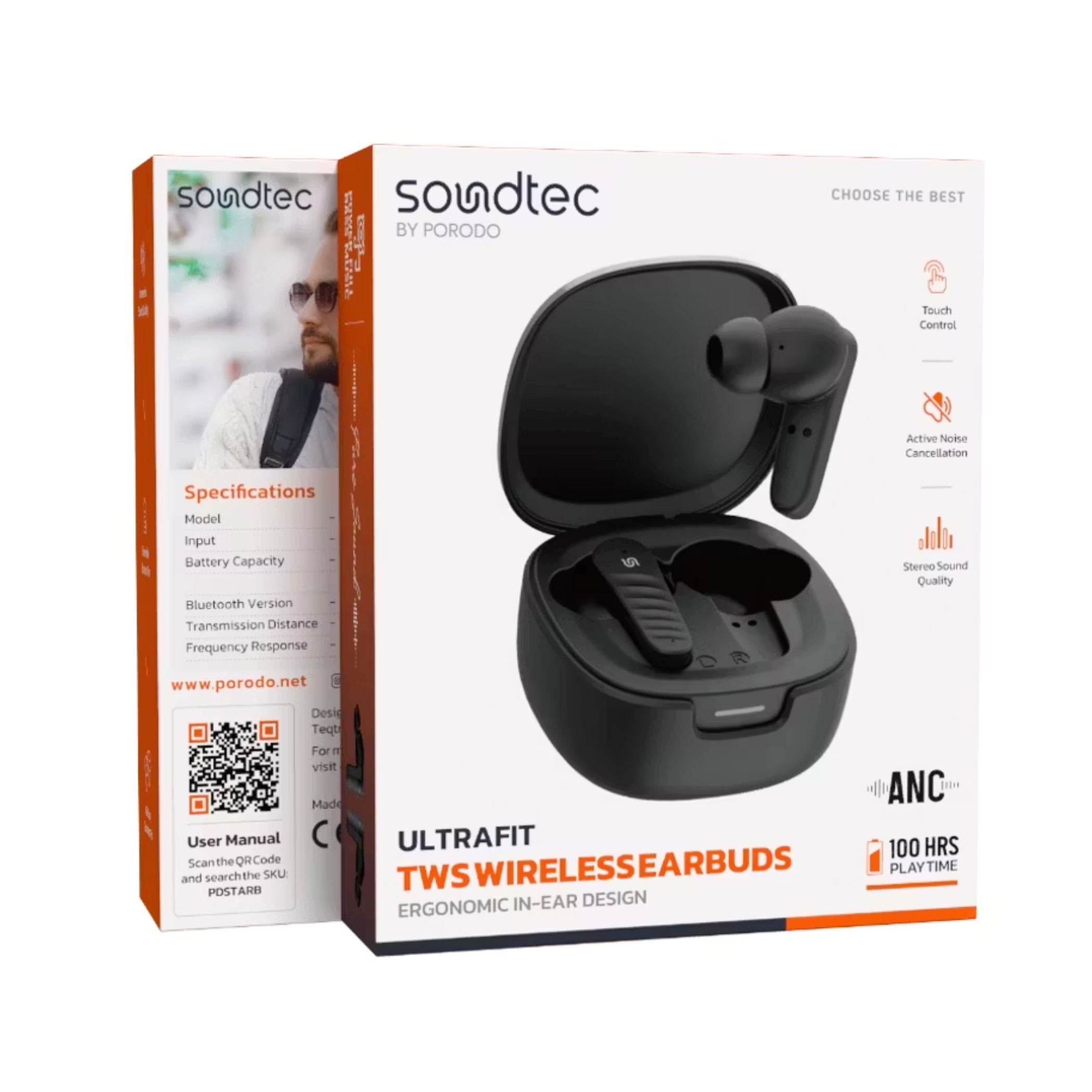 Porodo Ultrafit TWS Earbuds offer an ergonomic in-ear design, active noise cancellation, Bluetooth 5.4, and a 10m range. Get up to 100 hours playtime with a 250mAh case and 40mAh earbuds. Touch control-Black