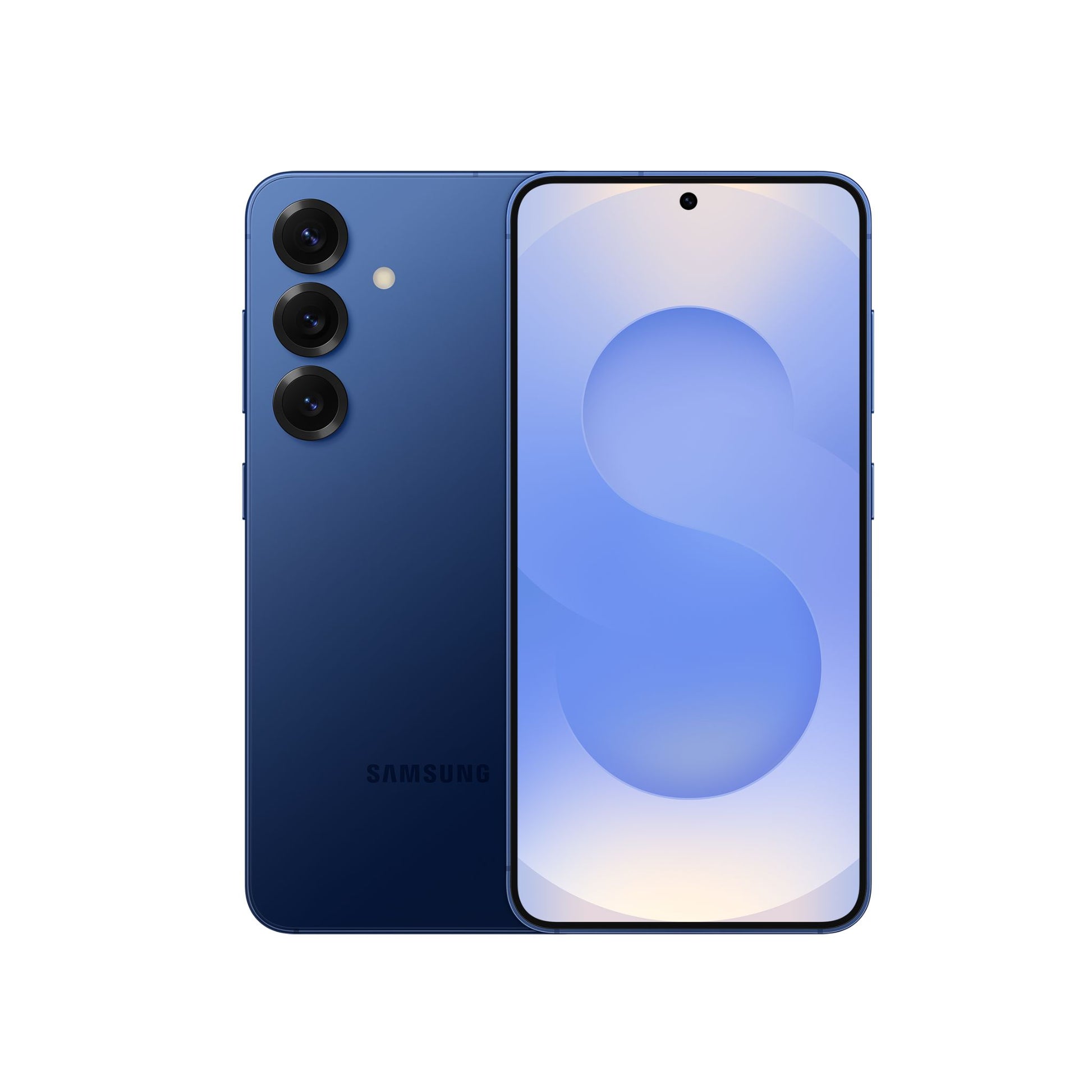 SAMSUNG Galaxy S25 smartphone in navy color, displaying its front screen and rear camera setup.