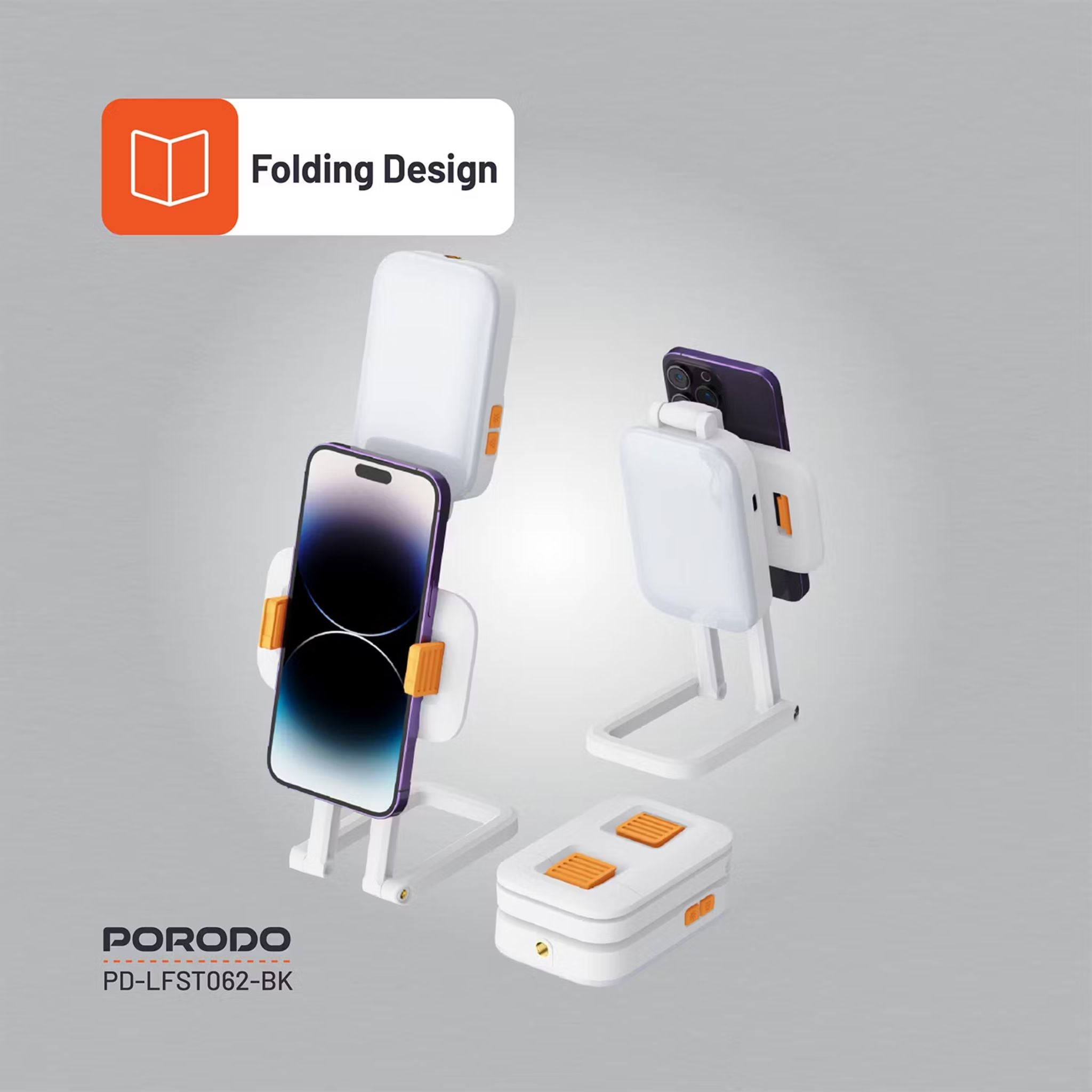 Porodo Lifestyle Phone Stand Fill Light, Lightweight & Compact Design, Up to 8 Hours Working Time, 3 Color Temperatures, Dynamic RGB Lights, Folding Design - White