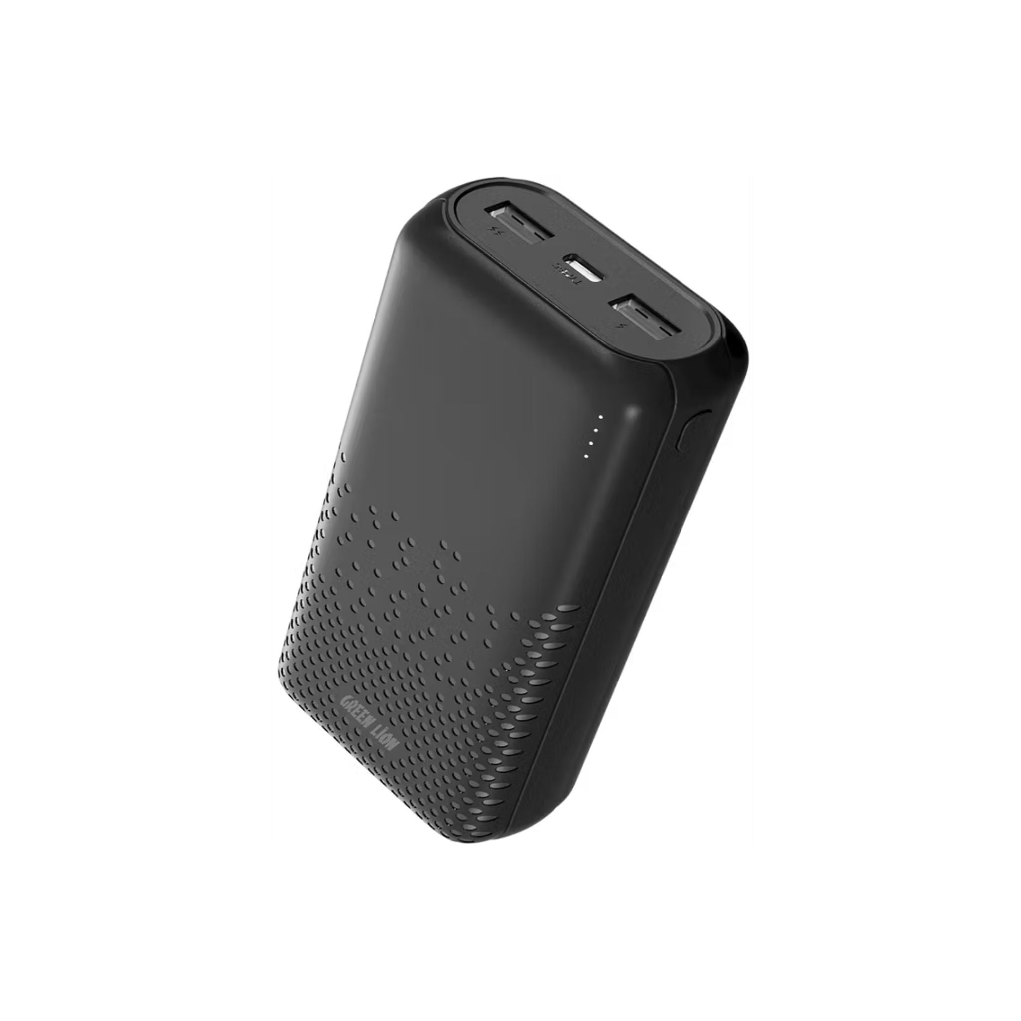 Black power bank with textured surface on a white background
