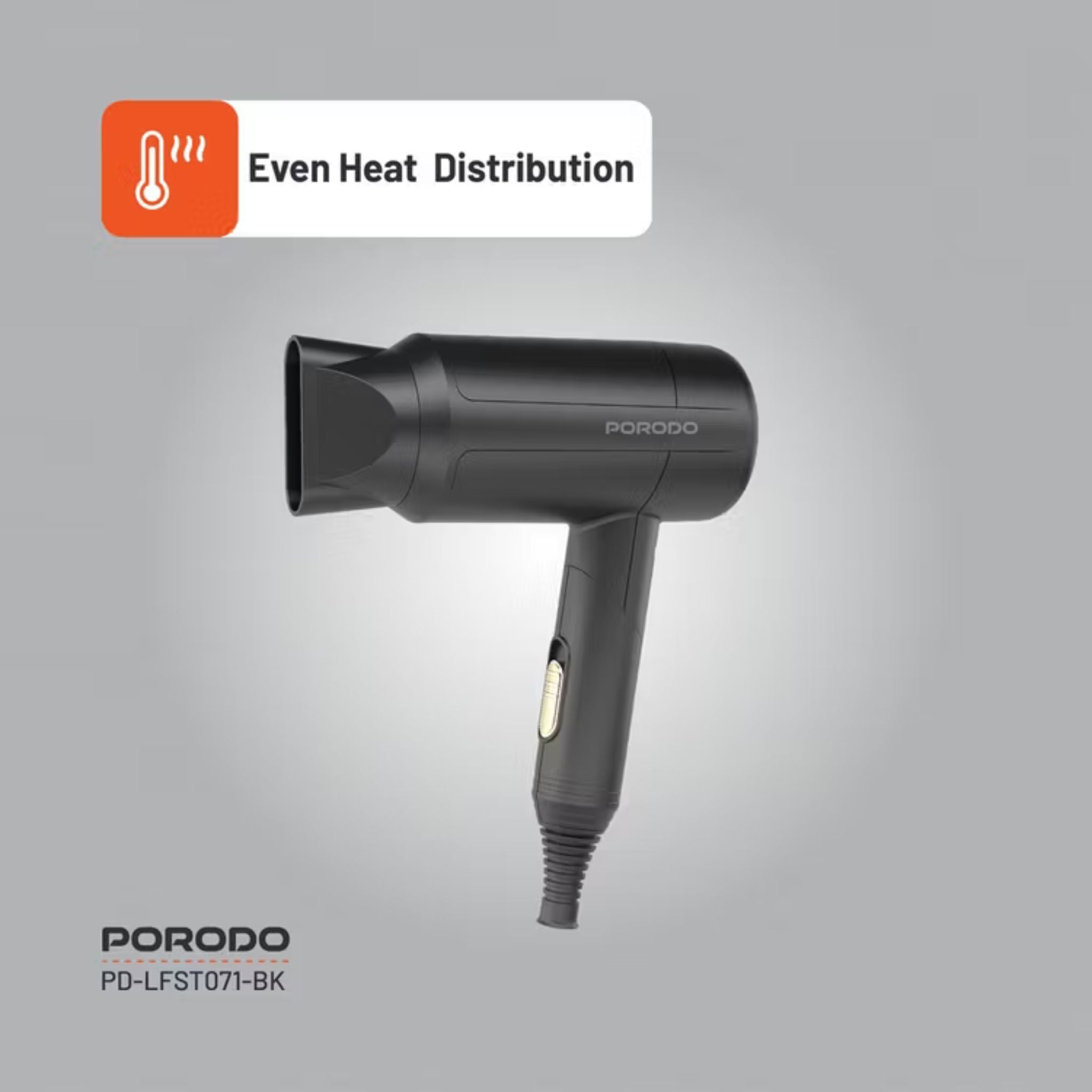 Porodo Lifestyle 1200W Foldable Hair Dryer with 1.8m Cable Length, Concentrator Nozzle, One-Slide Switch, Overheat Protection, Powerful Airflow, UK 3-Pin Plug, Portable - Black