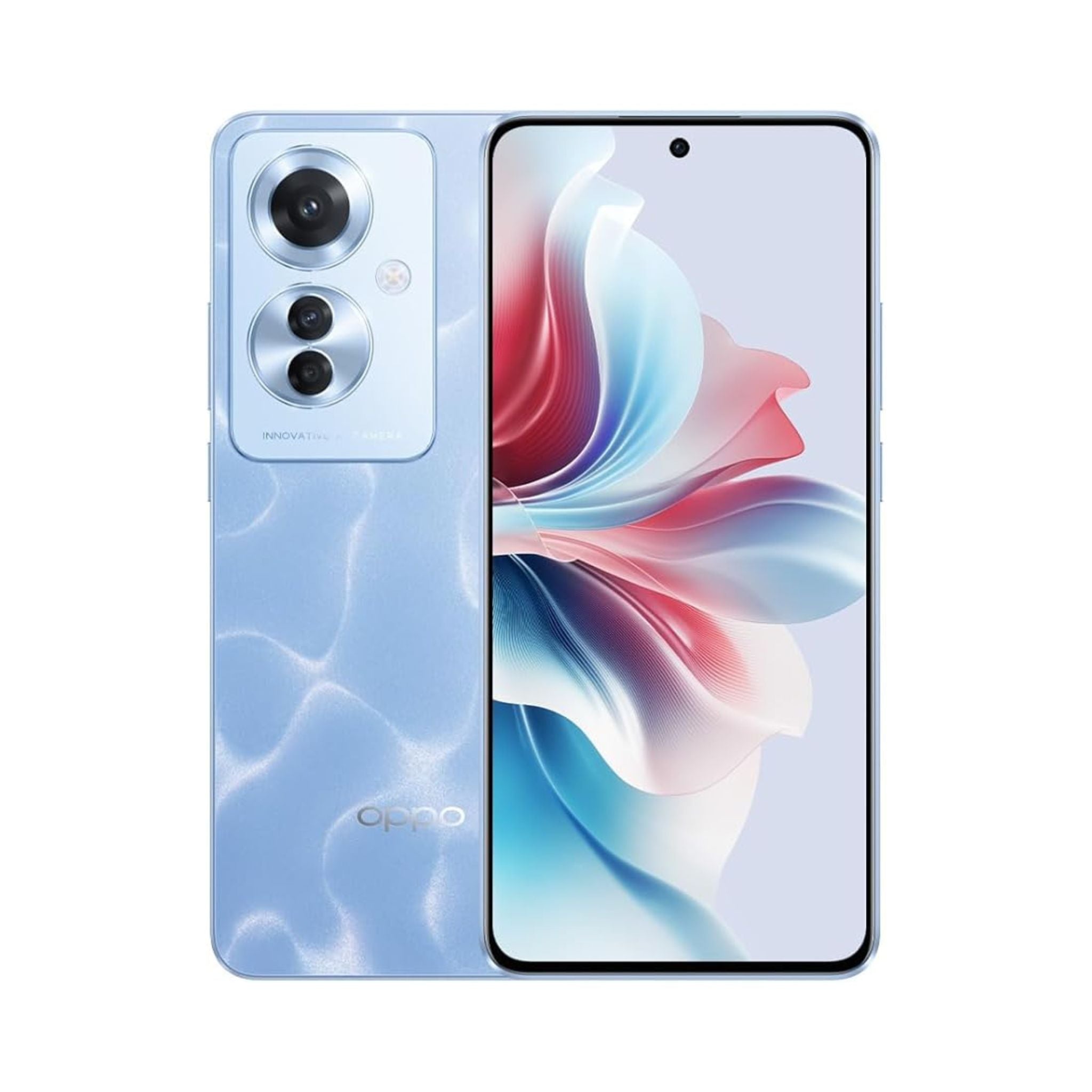 Oppo smartphone showing front and back design on a white background