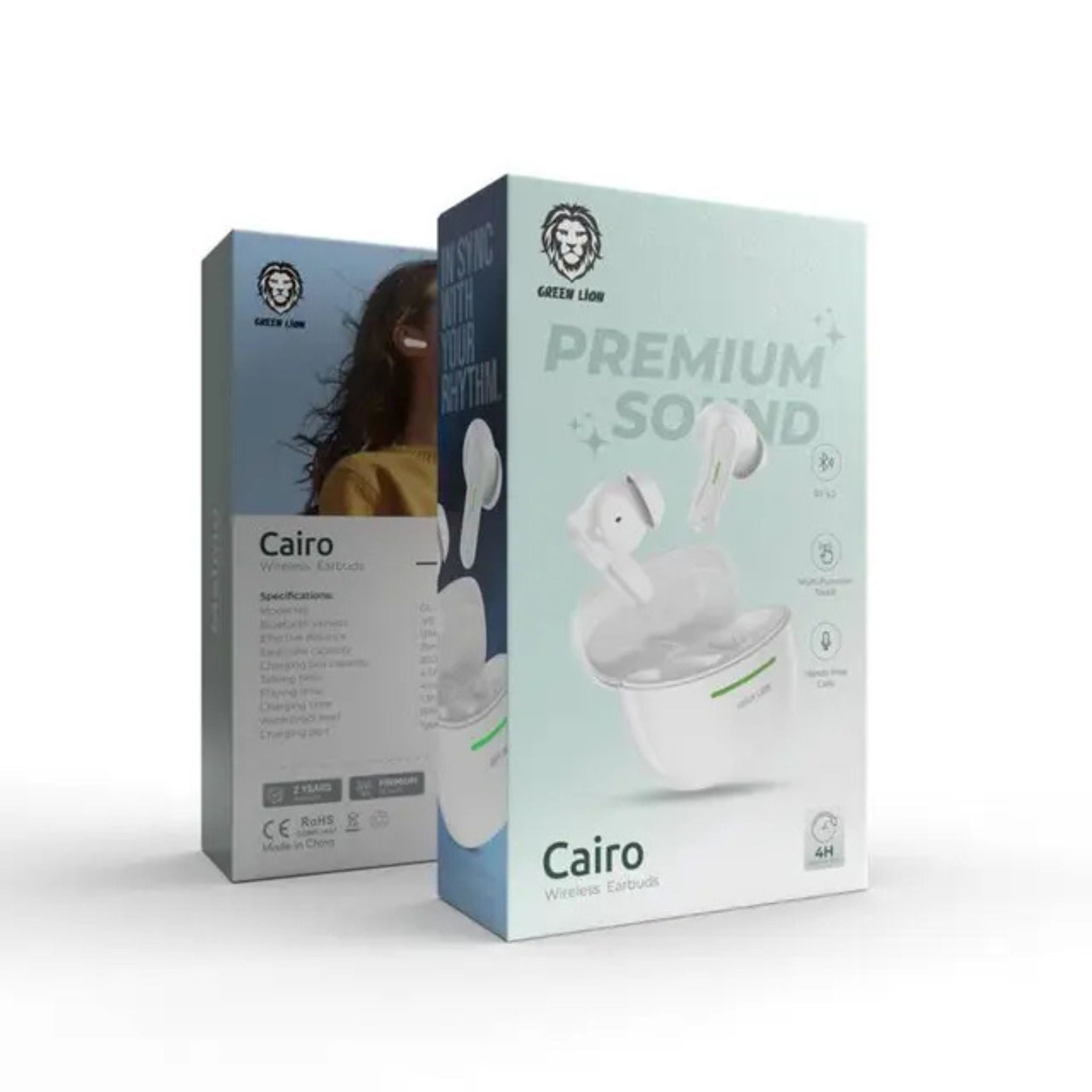 GREEN LION Cairo Wireless Earbuds with ENC & TWS Technology, Hands-Free Calls, Multi-Function Touch, 4 Hours Playing Time, Type-C Charging Port - White