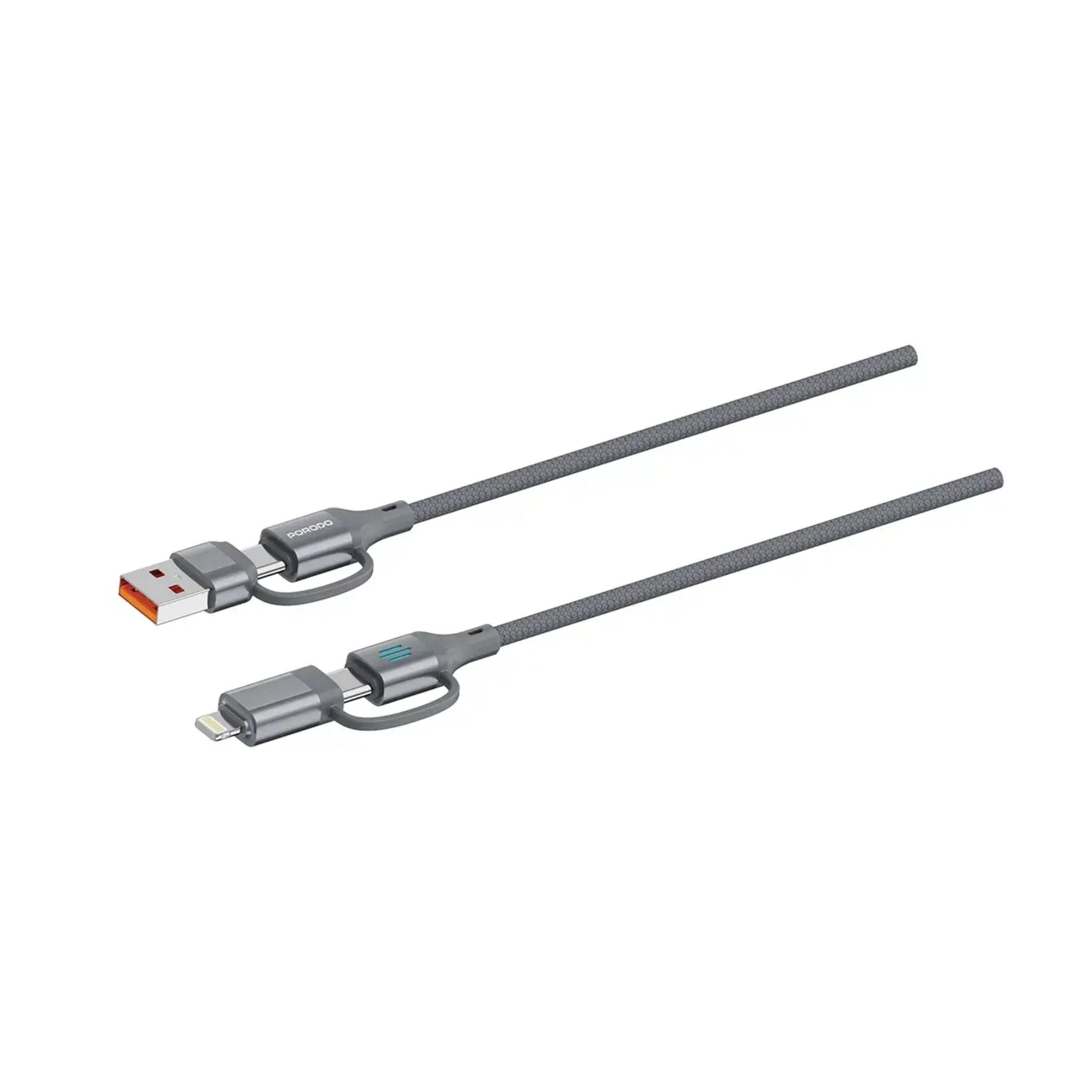 Porodo 4 in1 PD 240W High Speed Charging 1m Cable / USB-C, USB-A & Lightning Input Interface / 480Mbps Rapid Data Sync / Enhanced Durability / Aluminum Alloy Material - Grey