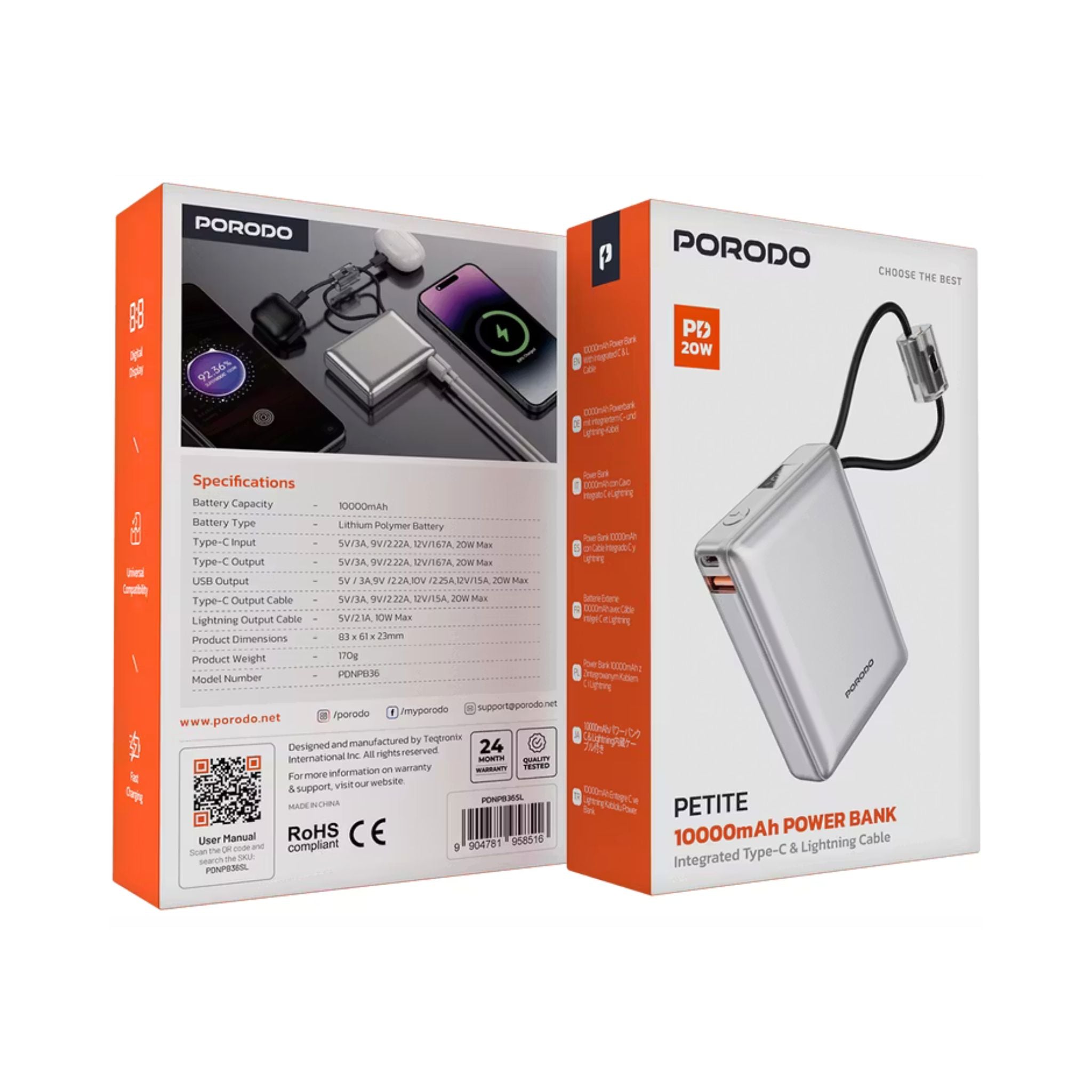 Porodo Petite 10000mAh Power Bank with Integrated Type-C & Lightning Cable, PD 20W, USB-A & USB-C Ports, Fast Charge Support, Digital Display, Universal Compatibility - Silver