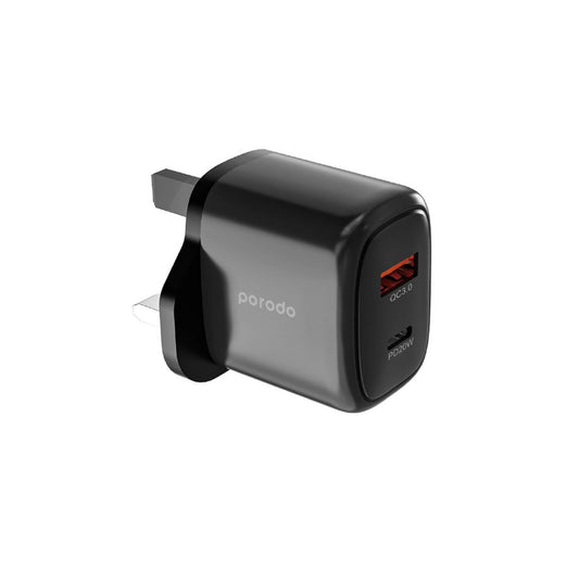 Porodo 20W+QC USB A+C Charger UK - Black