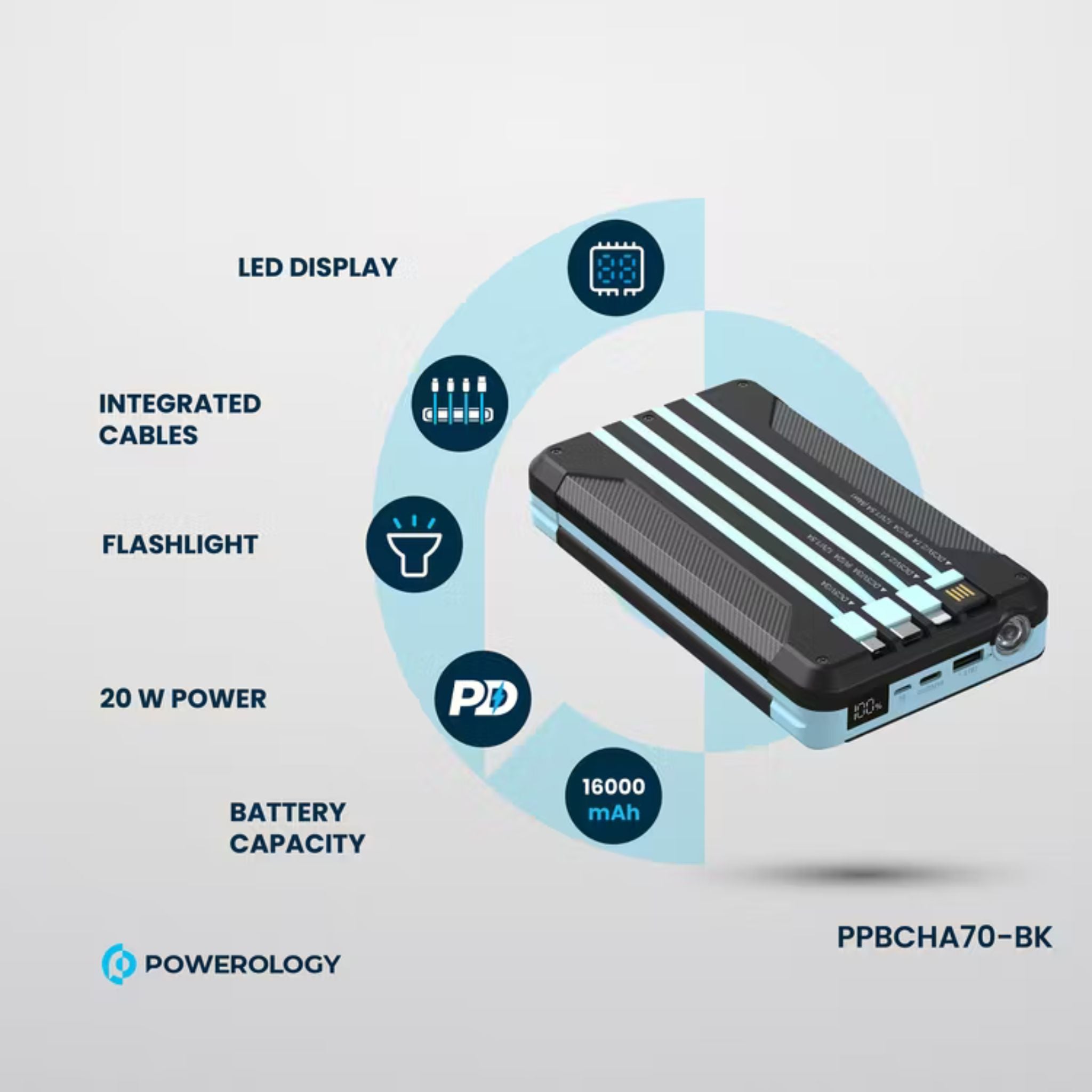 Powerology 16000 mAh Solar Multi-Cable Power Bank,PD 20W, Integrated Cables, Lithium Polymer Type, LED Display, Flashlight, - Black