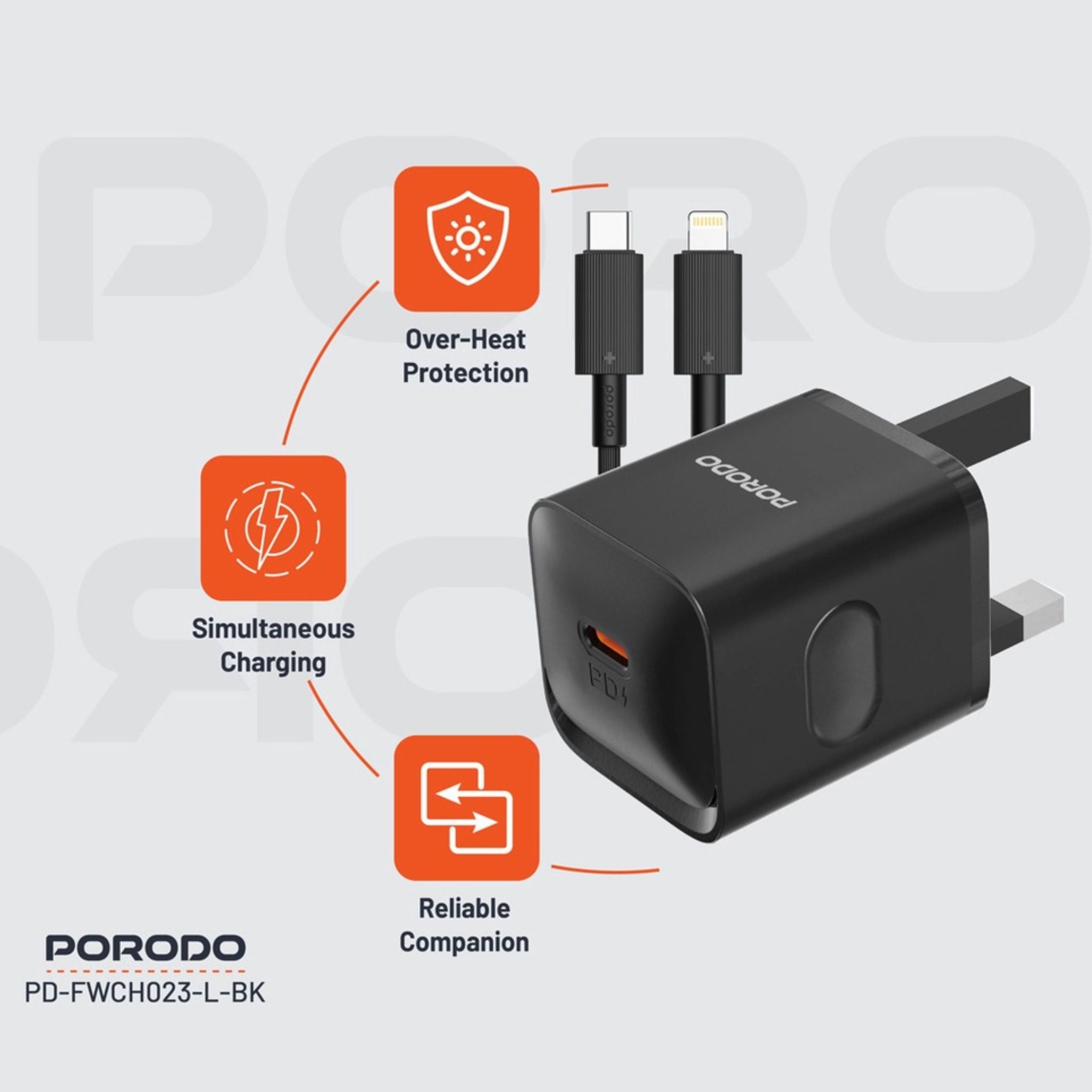 Porodo USB-C Power Delivery Wall Charger with USB-C to Lightning Cable, 1.2m Cable Length, PD 20W, UK Plug, Over-Heat Protection, Reliable Companion, Simultaneous Charging - Black