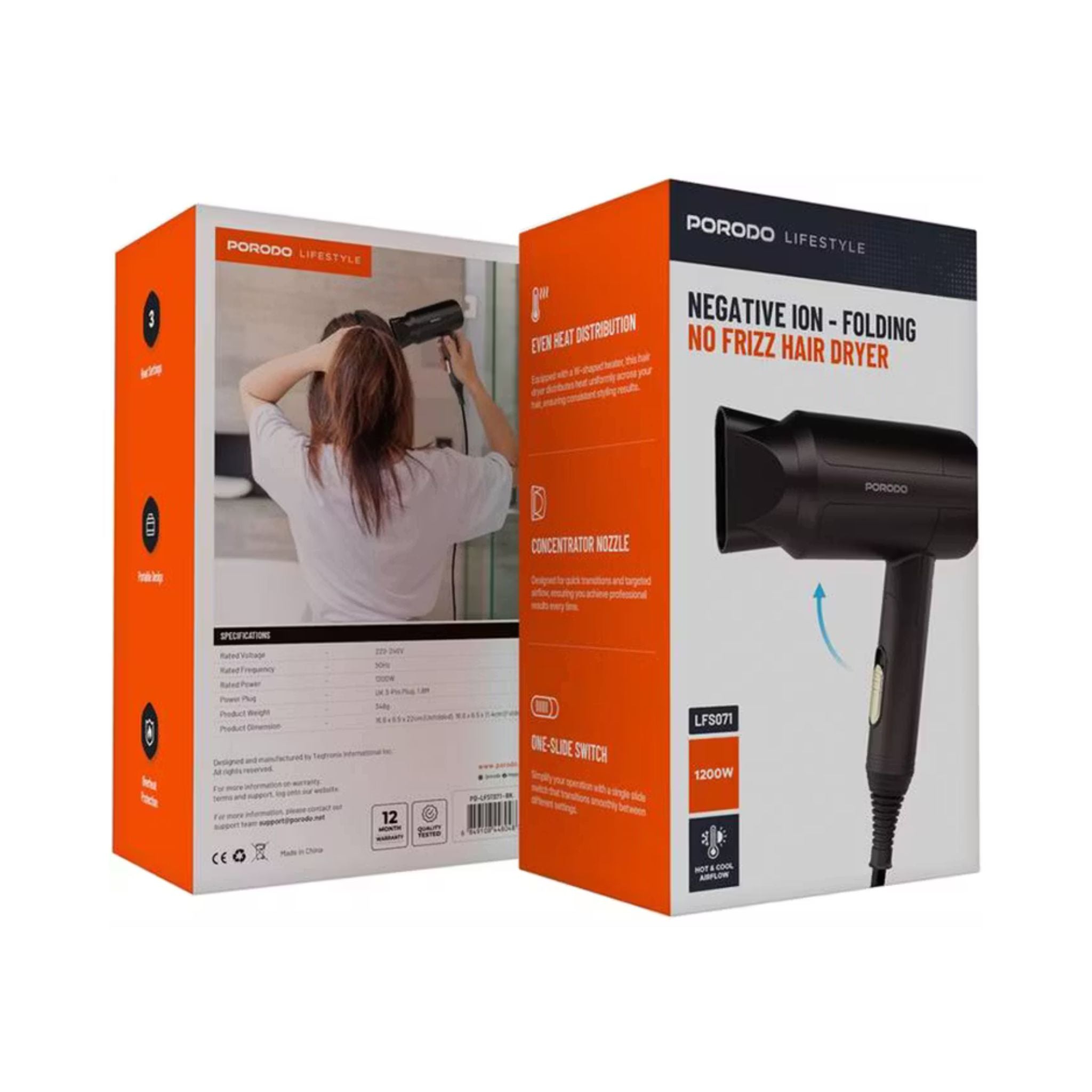 Porodo Lifestyle 1200W Foldable Hair Dryer with 1.8m Cable Length, Concentrator Nozzle, One-Slide Switch, Overheat Protection, Powerful Airflow, UK 3-Pin Plug, Portable - Black