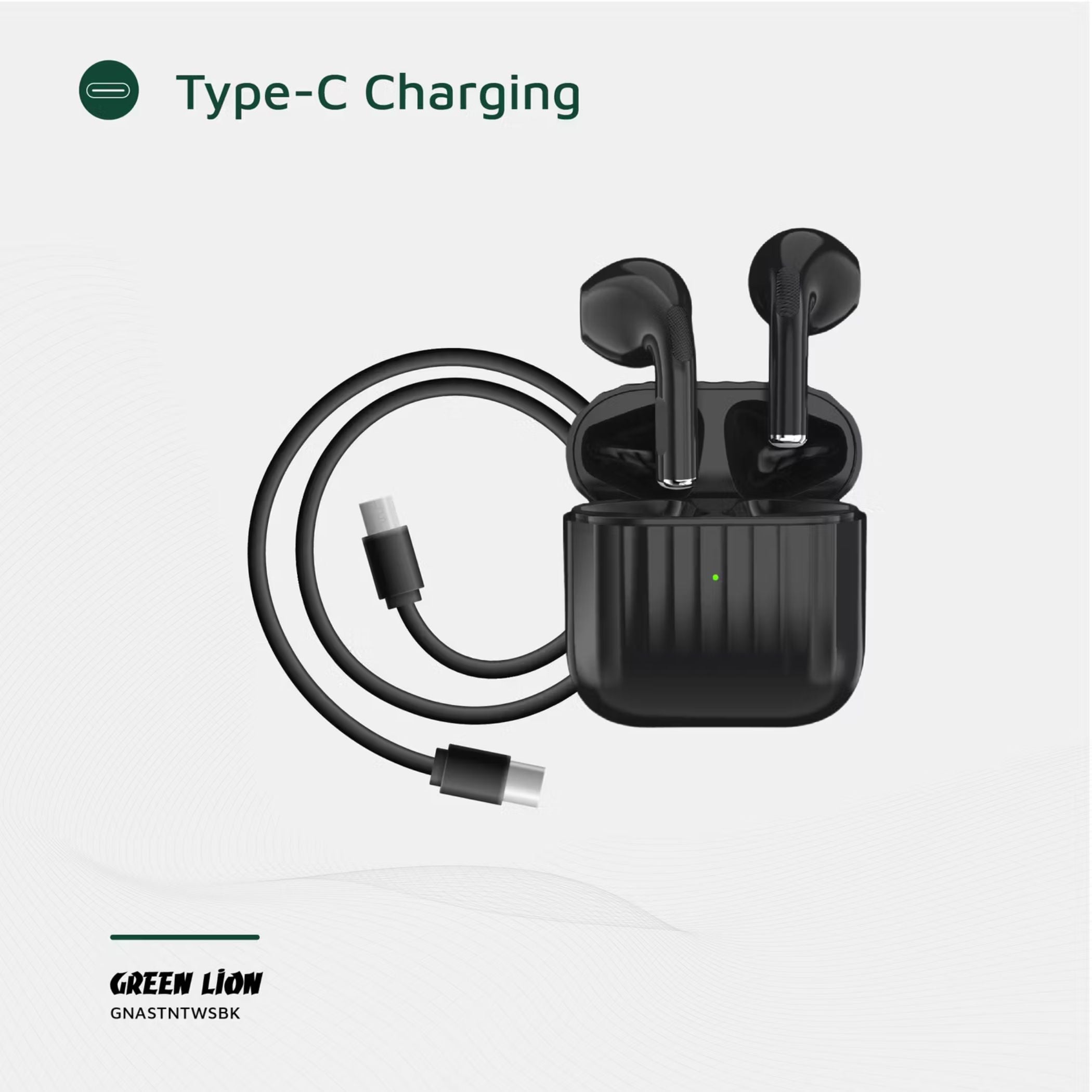 Green Lion Austin True Wireless Earbuds with Built-in Microphone, HiFi Sound, Dual-Mic, Touch Control, Voice Assistant, Type-C Charging, 3 Hours Playtime - Black