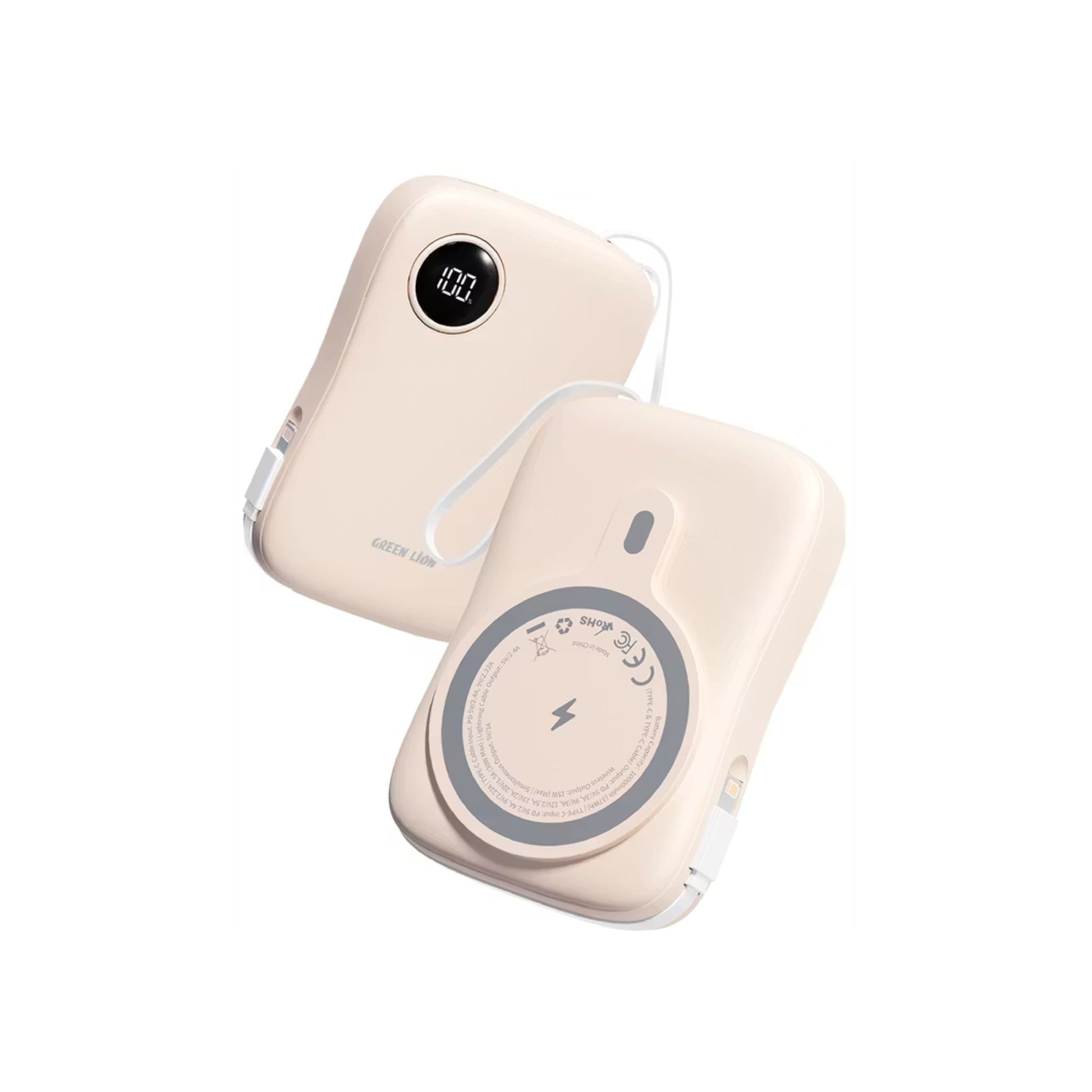 Two beige wireless chargers on a white background