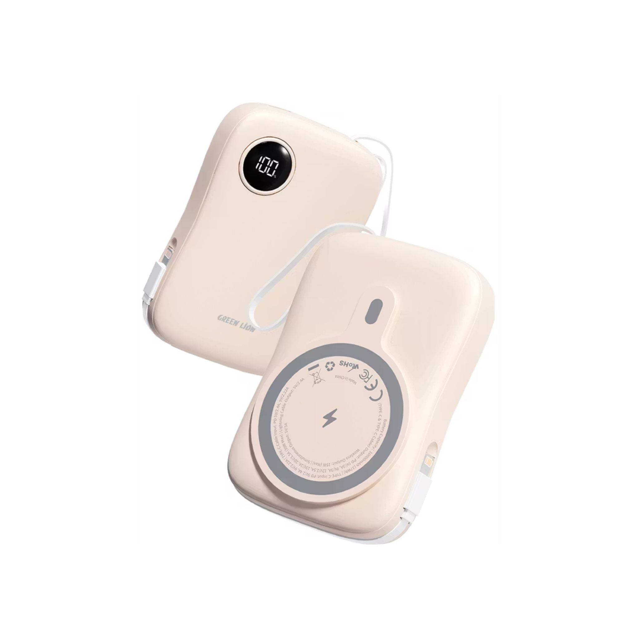 Two beige wireless chargers on a white background