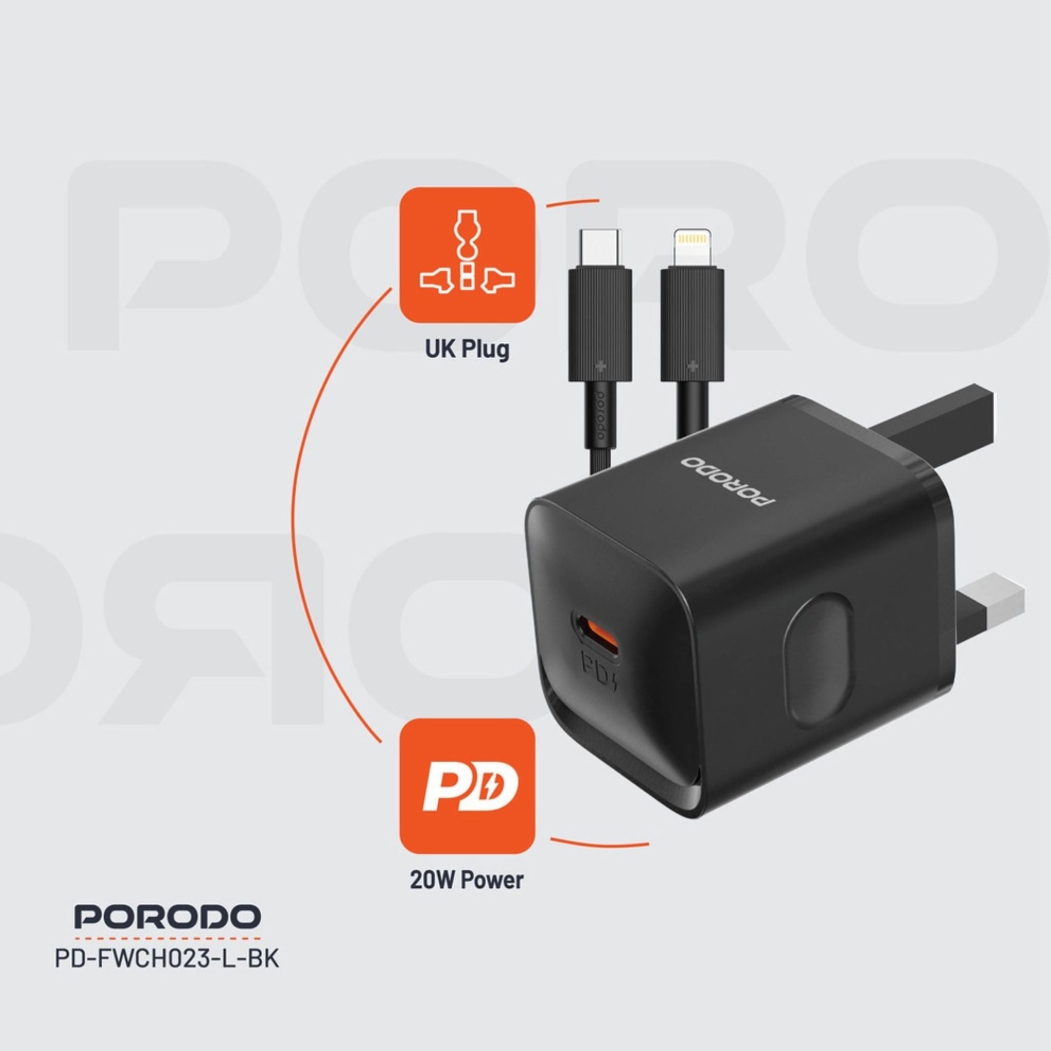 Porodo USB-C Power Delivery Wall Charger with USB-C to Lightning Cable, 1.2m Cable Length, PD 20W, UK Plug, Over-Heat Protection, Reliable Companion, Simultaneous Charging - Black