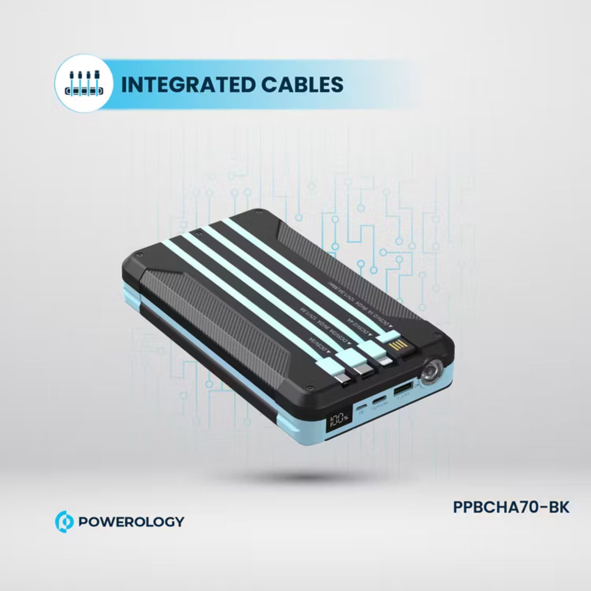 Powerology 16000 mAh Solar Multi-Cable Power Bank,PD 20W, Integrated Cables, Lithium Polymer Type, LED Display, Flashlight, - Black