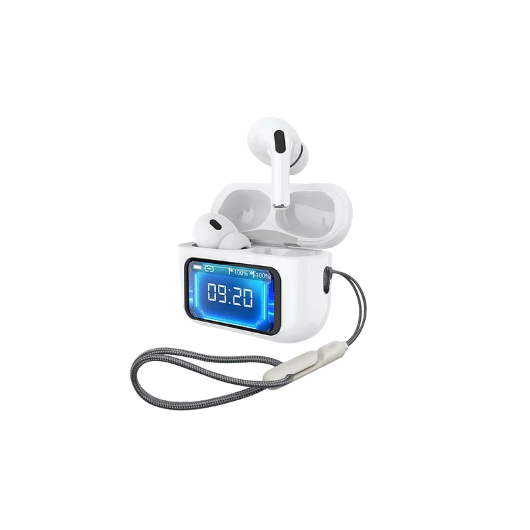 White in-ear wireless earbuds with a charging case and a clear digital display showing the time.