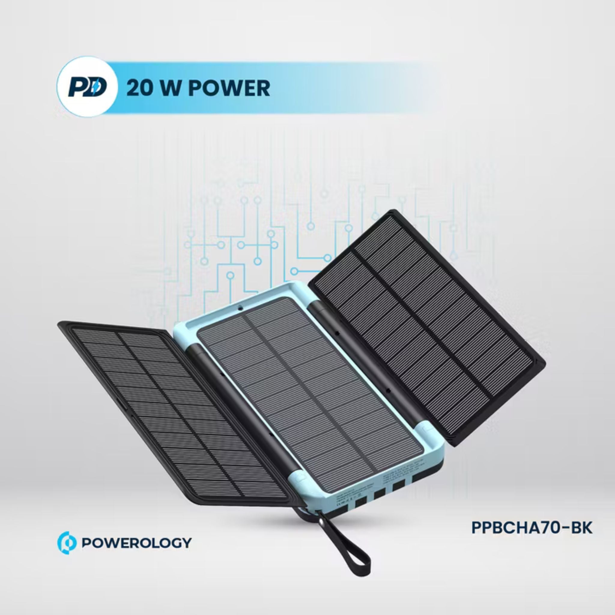 Powerology 16000 mAh Solar Multi-Cable Power Bank,PD 20W, Integrated Cables, Lithium Polymer Type, LED Display, Flashlight, - Black