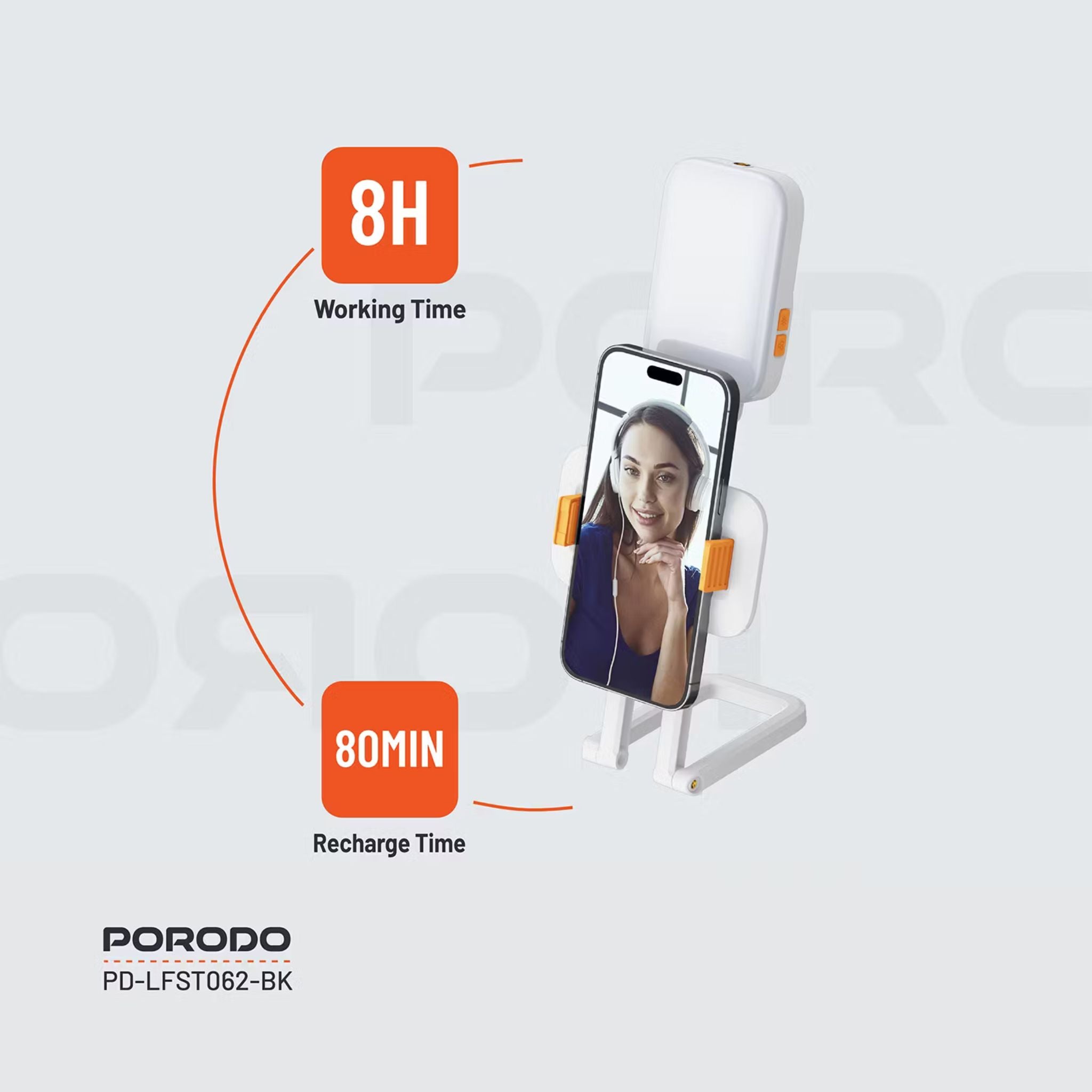 Porodo Lifestyle Phone Stand Fill Light, Lightweight & Compact Design, Up to 8 Hours Working Time, 3 Color Temperatures, Dynamic RGB Lights, Folding Design - White