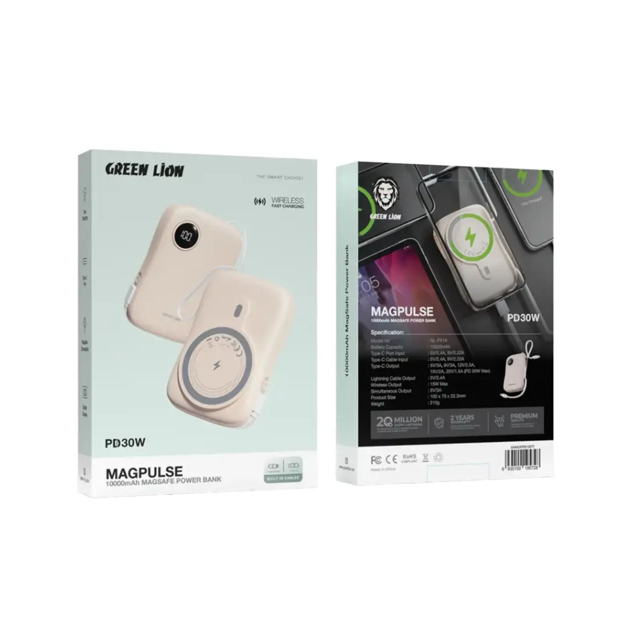 Green Lion MagPulse 10000mAh MagSafe Power Bank with Digital Display, Built-in Lightning & Type-C Cables, Portable & Lightweight Design, 30W Power Delivery, Fast Charge - Desert Titanium