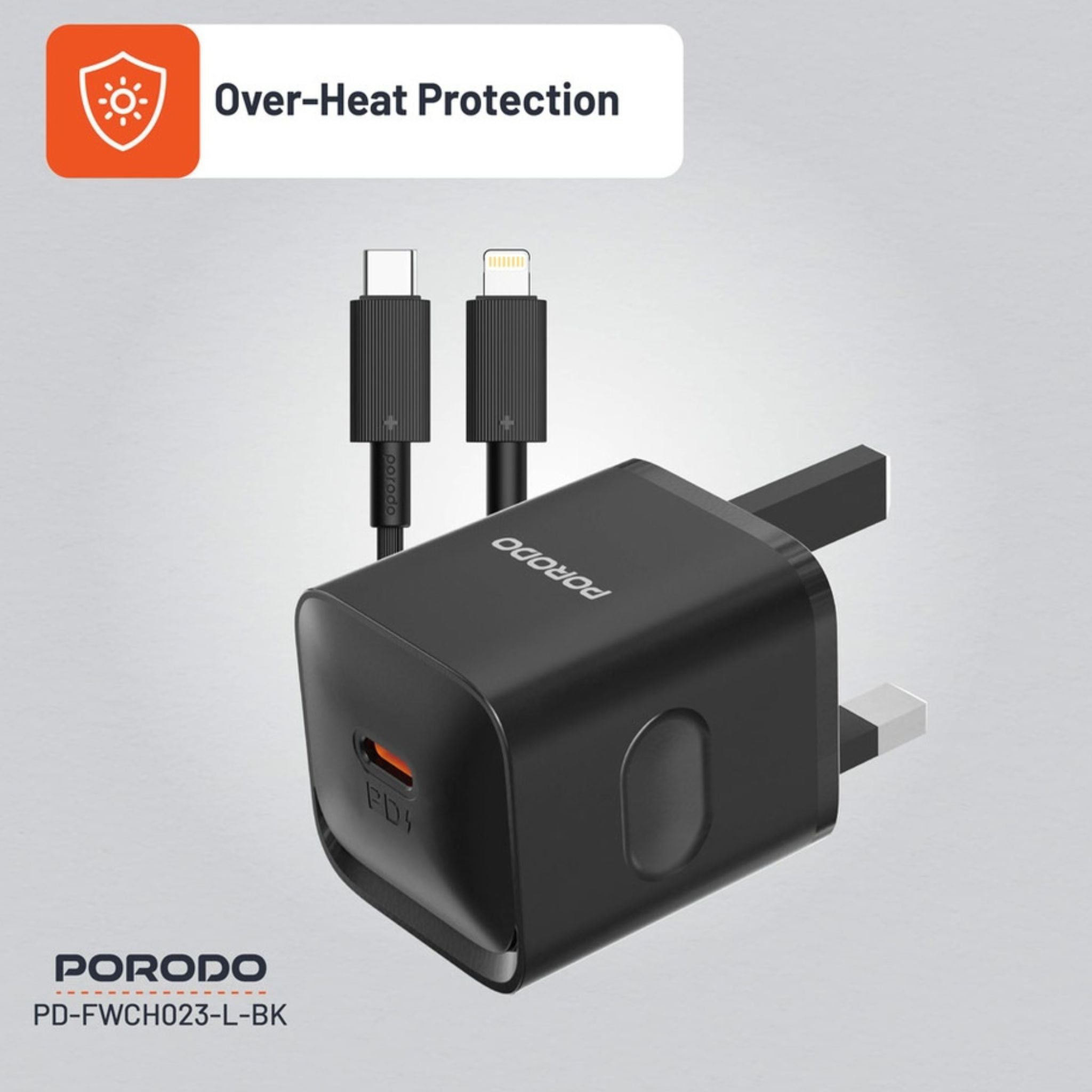 Porodo USB-C Power Delivery Wall Charger with USB-C to Lightning Cable, 1.2m Cable Length, PD 20W, UK Plug, Over-Heat Protection, Reliable Companion, Simultaneous Charging - Black