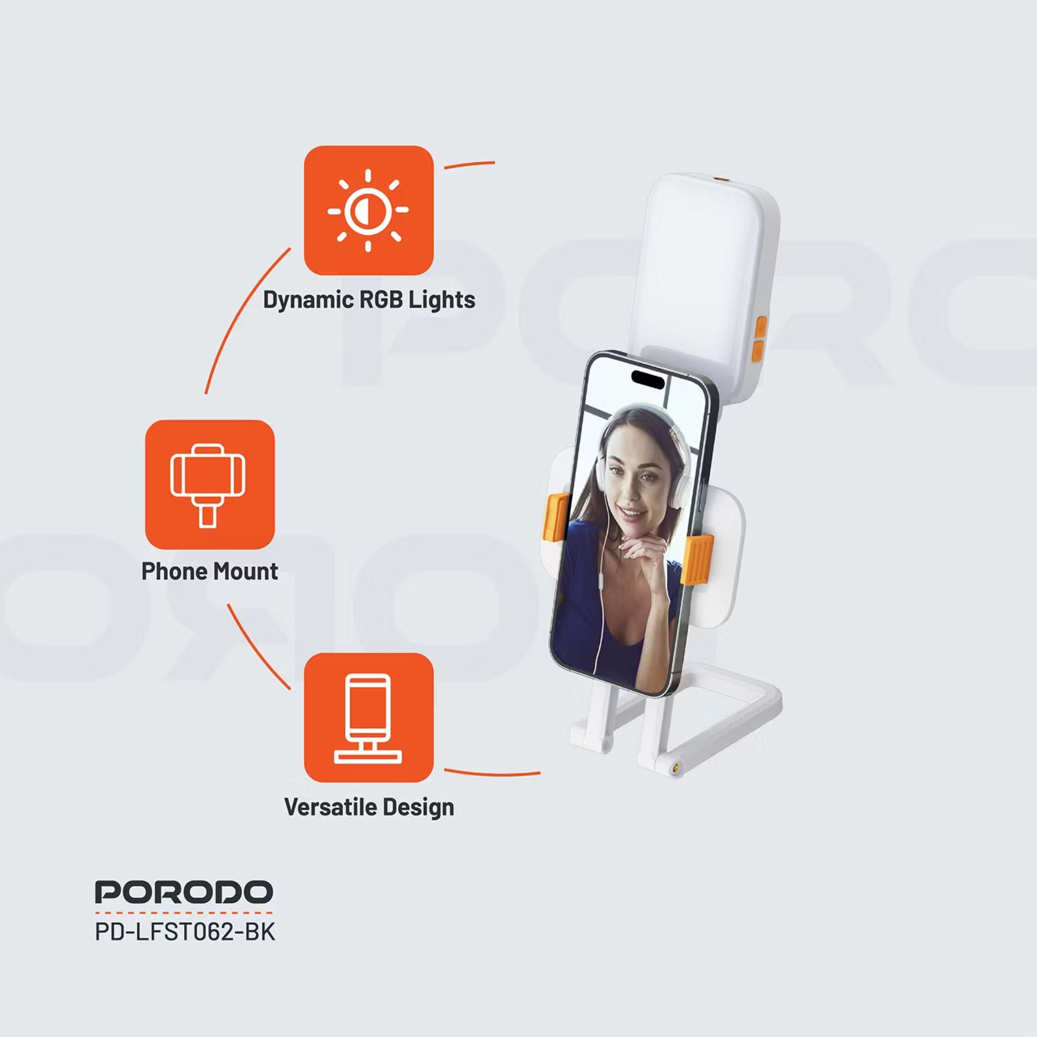 Porodo Lifestyle Phone Stand Fill Light, Lightweight & Compact Design, Up to 8 Hours Working Time, 3 Color Temperatures, Dynamic RGB Lights, Folding Design - White